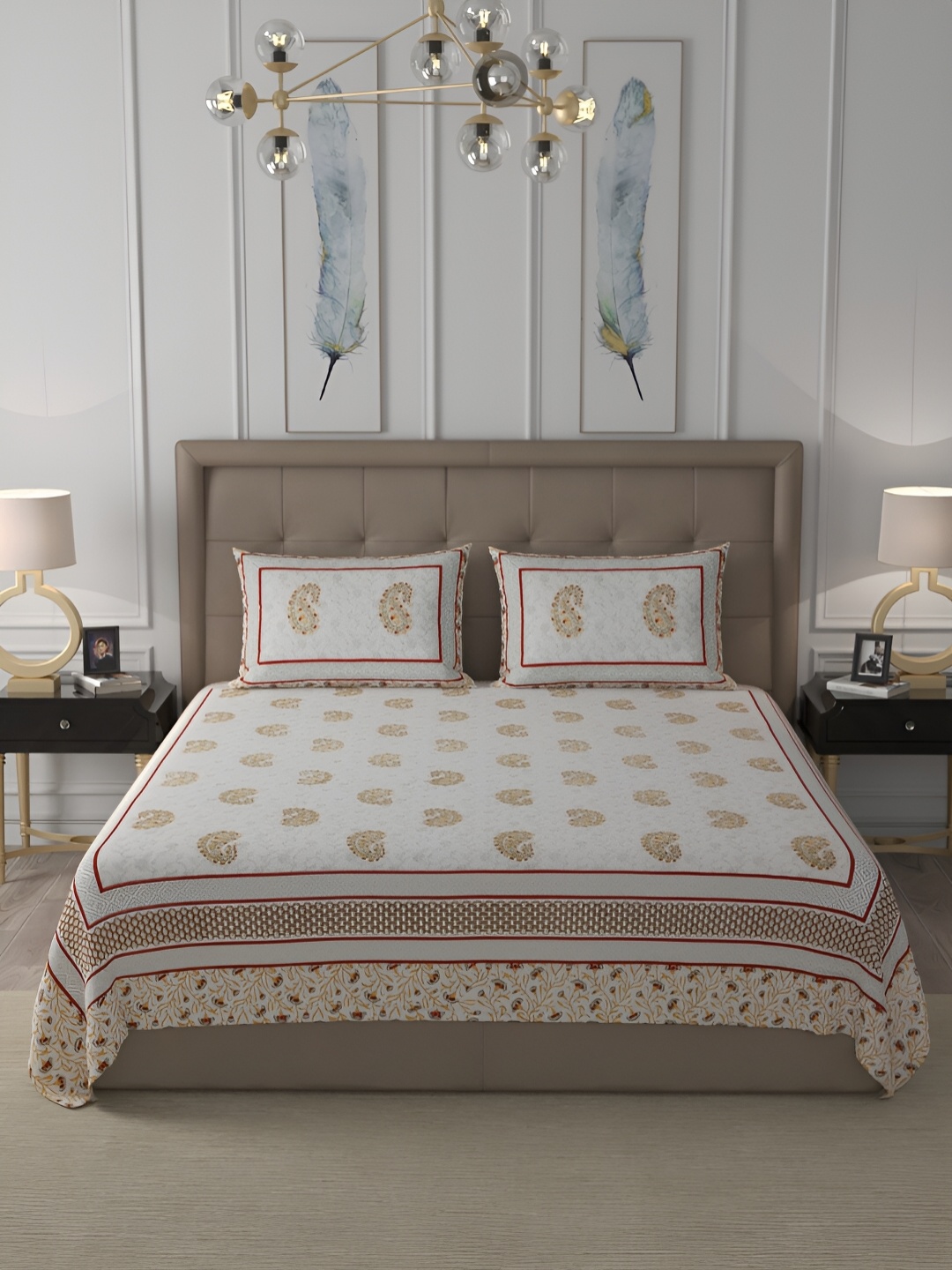 

Wayne Martin Cream & Red Floral 400 TC Cotton King Bedsheet with 2 Pillow Covers