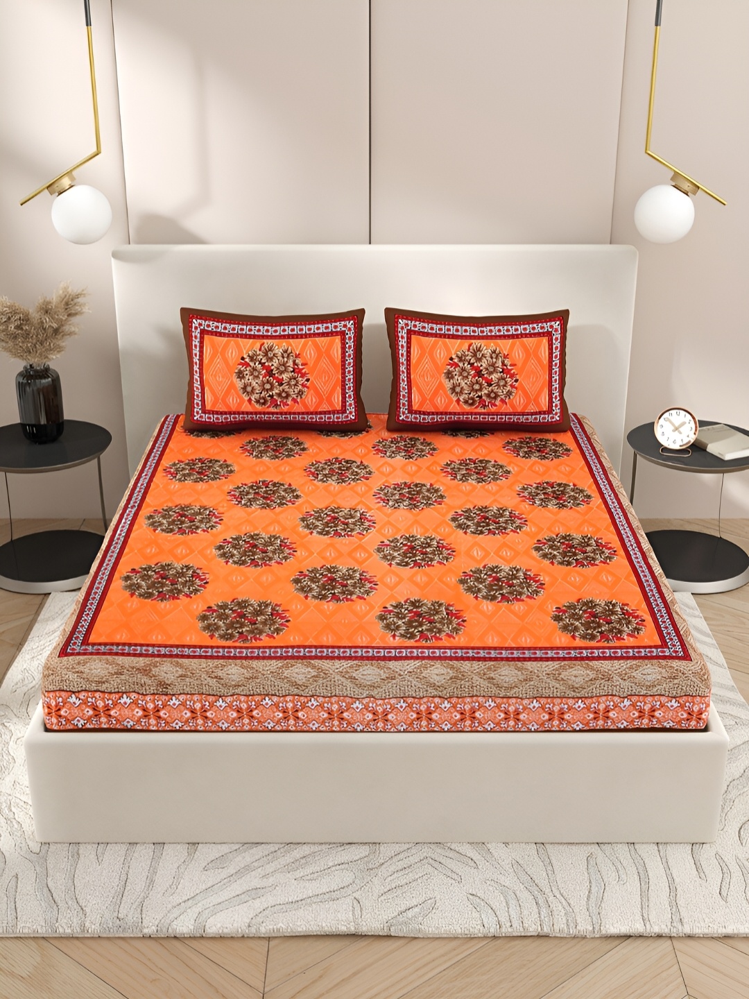 

Wayne Martin Peach Floral Cotton 210 TC Queen Bedsheet with 2 Pillow Covers