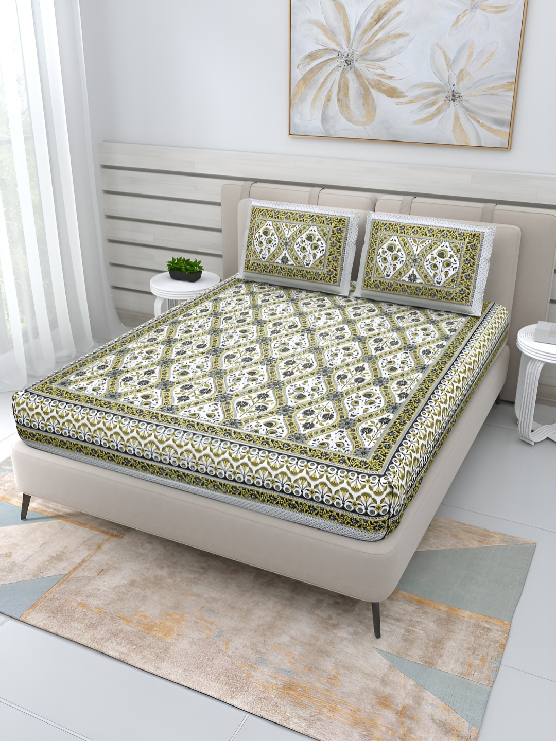 

Wayne Martin Green and white Floral 210 TC Queen Bedsheet with 2 Pillow Covers