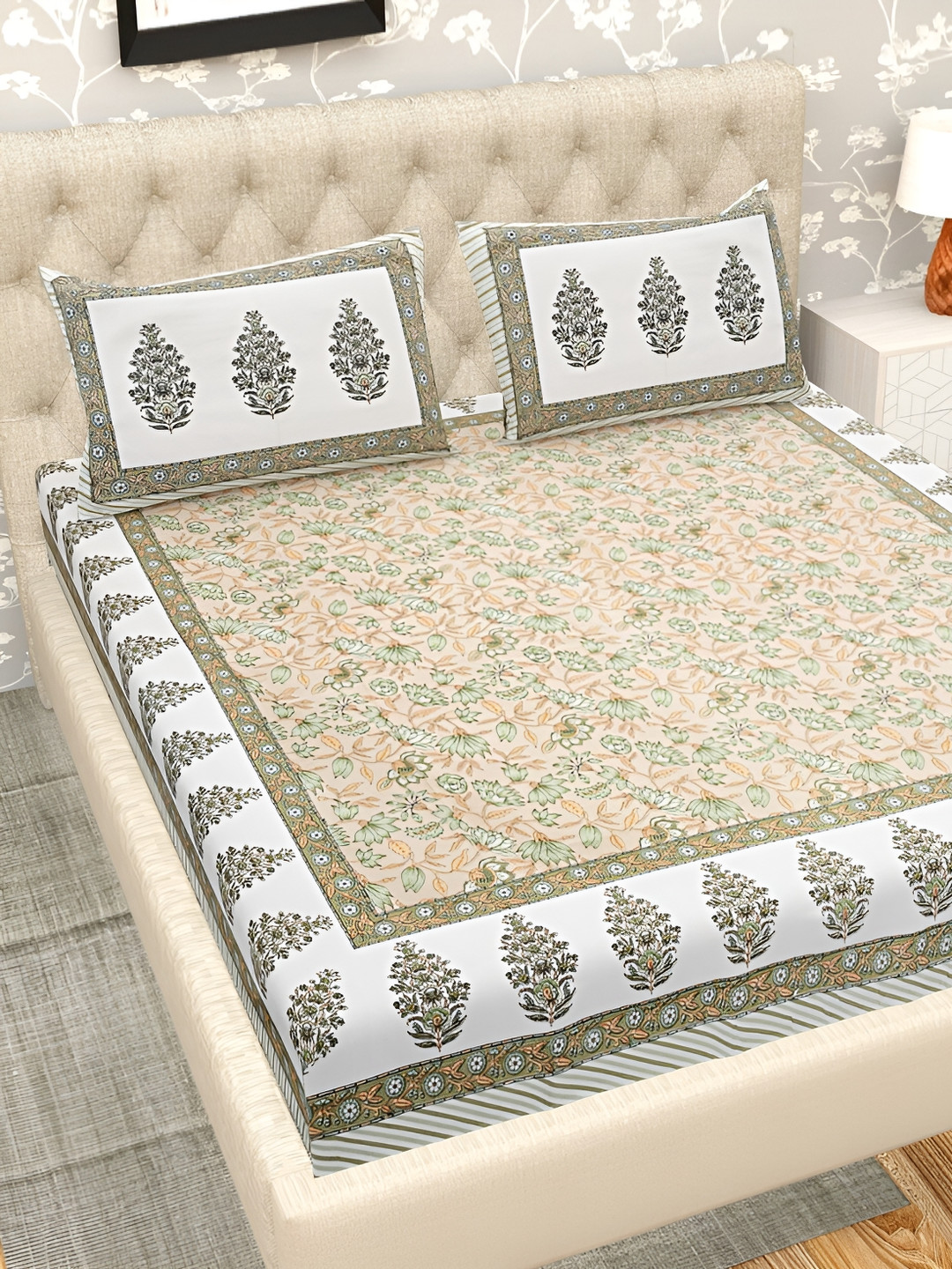 

Wayne Martin Cream White Cotton Floral 330 TC King Bedsheet with 2 Pillow Covers