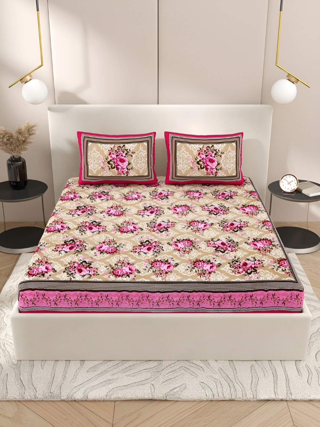 

Wayne Martin Pink & Beige Floral Cotton 210 TC Queen Bedsheet With 2 Pillow Covers