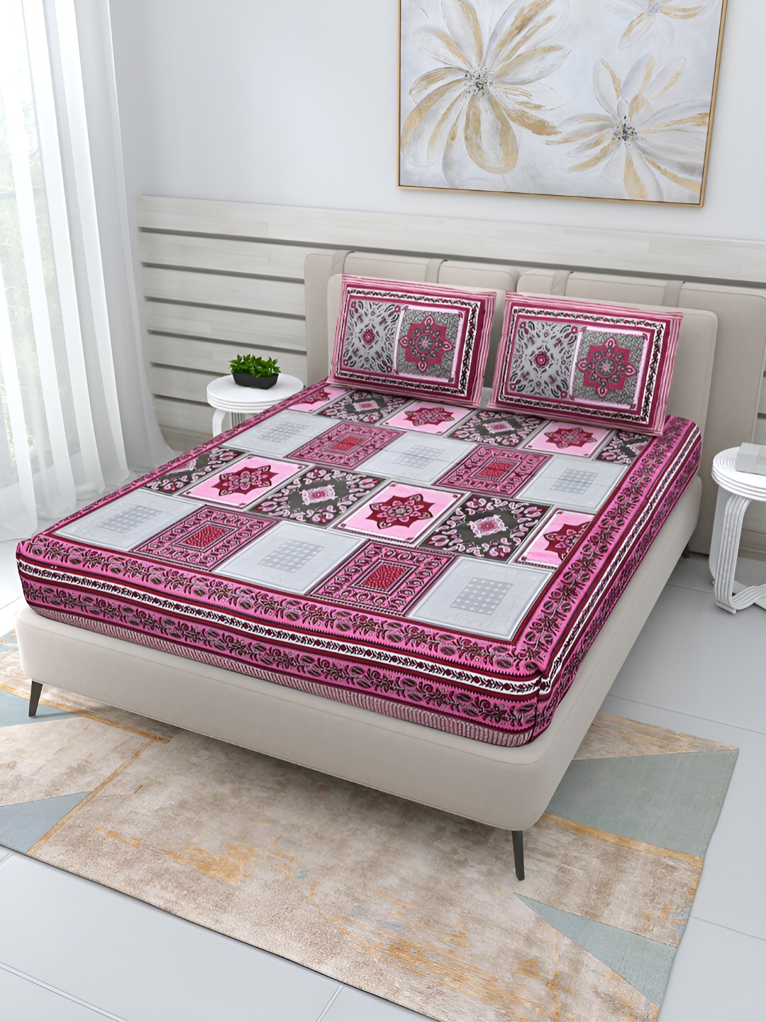 

Wayne Martin Pink Floral Cotton 210 TC Queen Bedsheet with 2 Pillow Covers