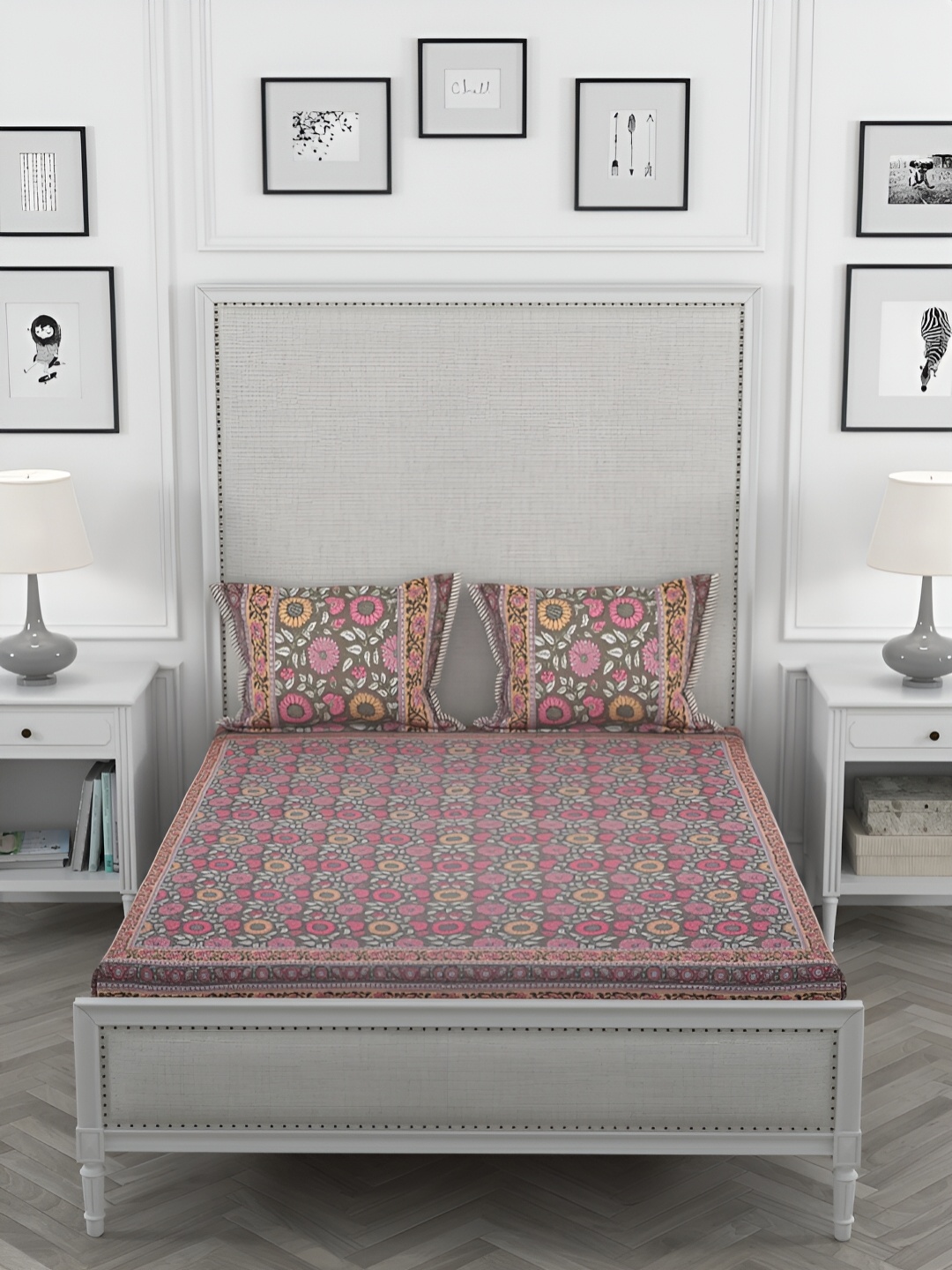 

Wayne Martin Grey Floral Cotton 330 TC King Bedsheet with 2 Pillow Covers