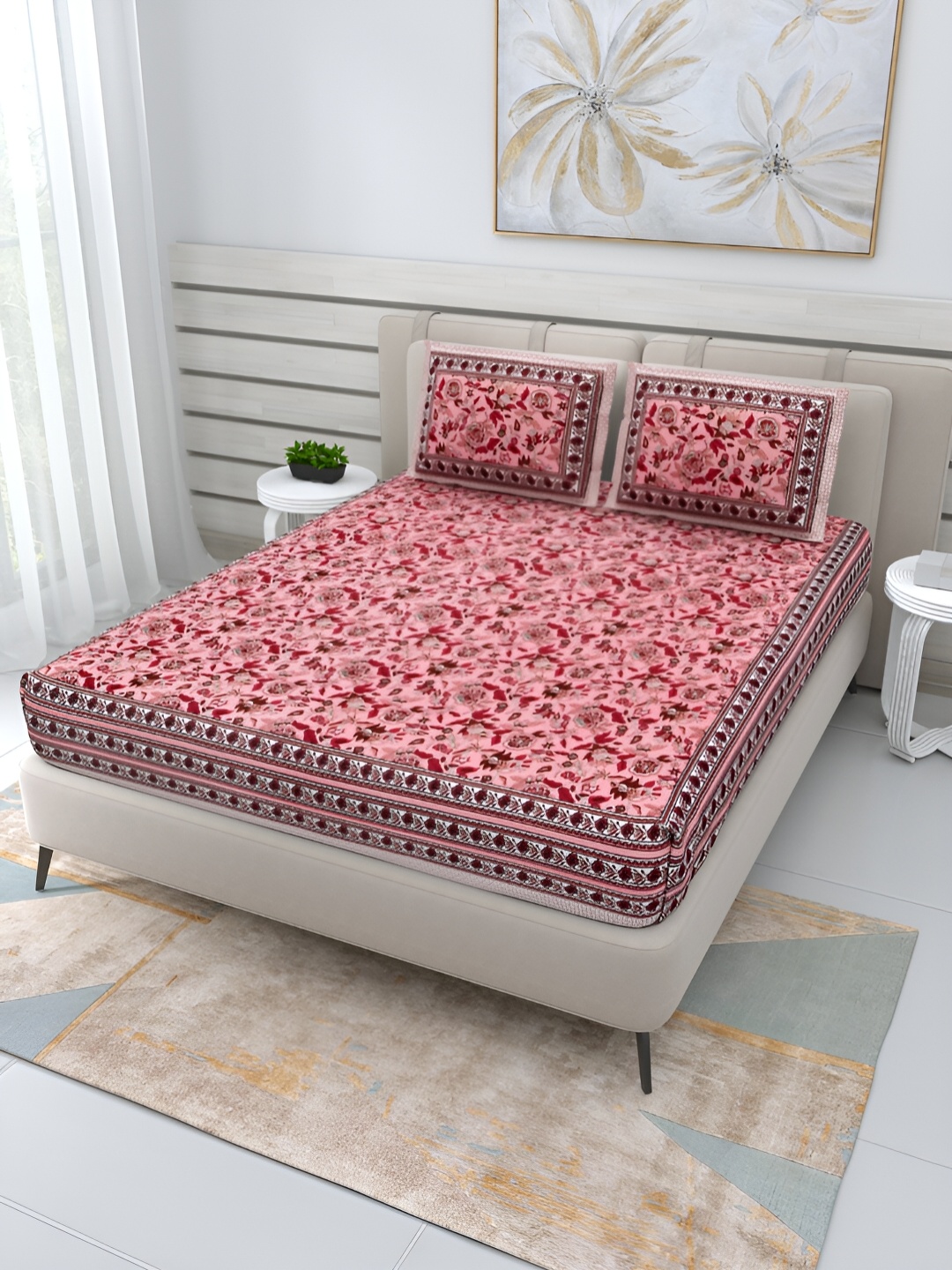 

Wayne Martin Red Floral Cotton 210 TC Queen Bedsheet with 2 Pillow Covers