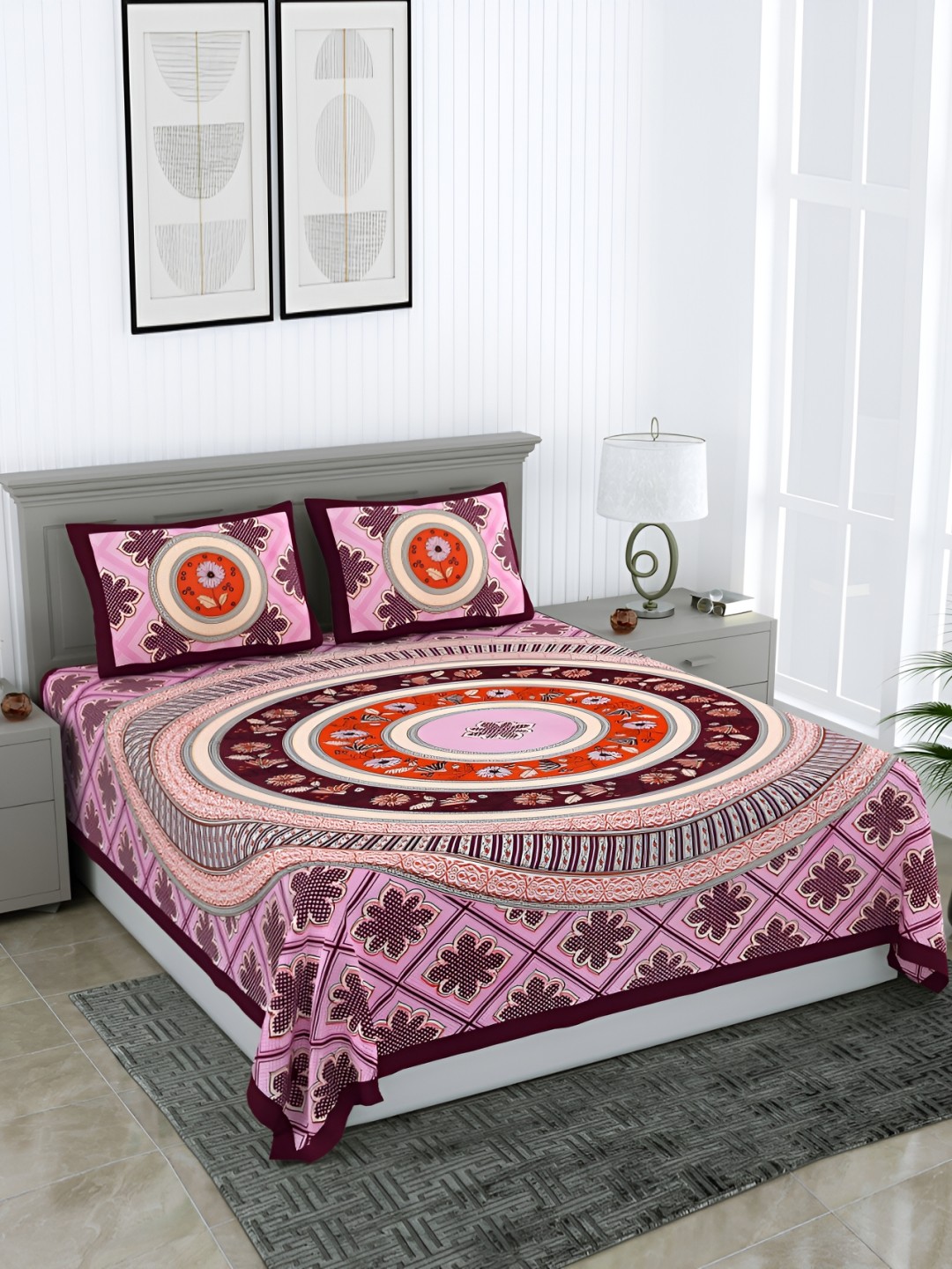 

Wayne Martin Purple & Pink Floral Cotton 210 TC Queen Bedsheet with 2 Pillow Covers