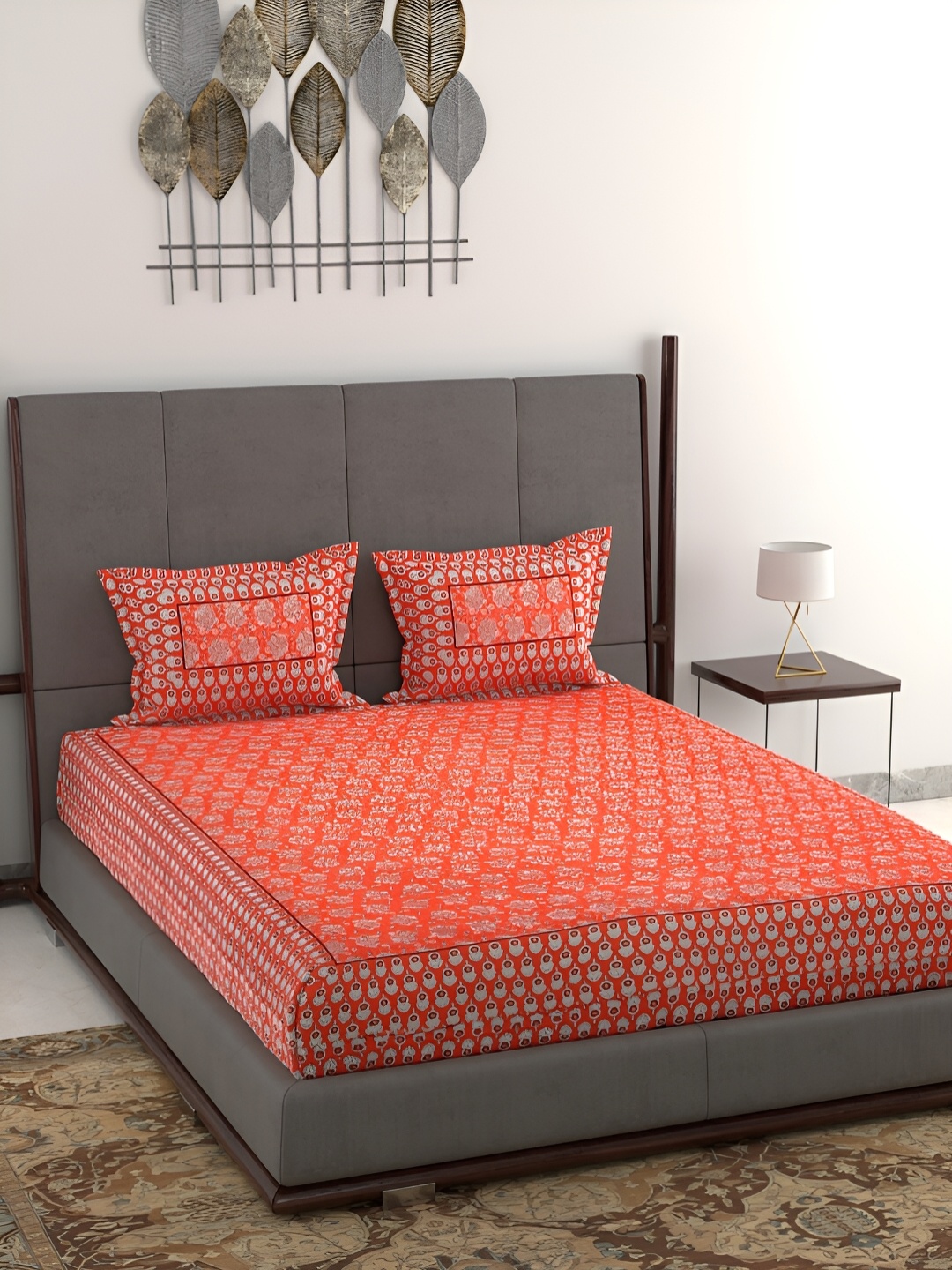 

Wayne Martin Orange Red Floral Pure Cotton Double King Bedsheet with 2 Pillow Covers