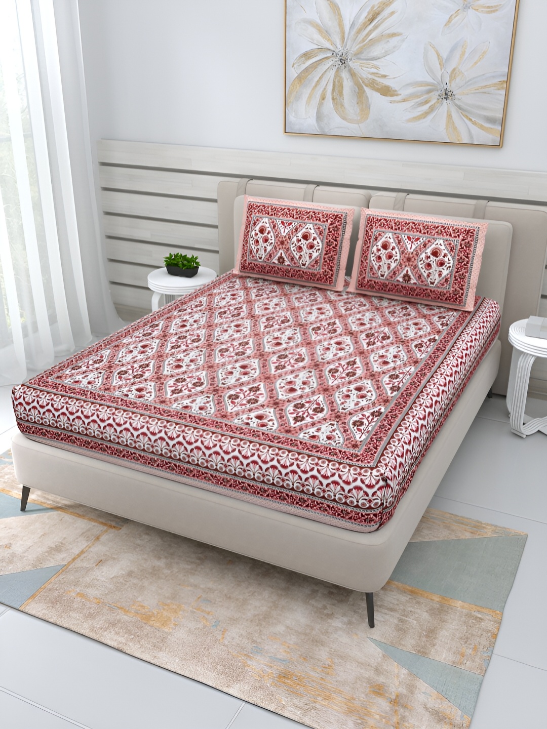 

Wayne Martin Red and white Floral 210 TC Queen Bedsheet with 2 Pillow Covers