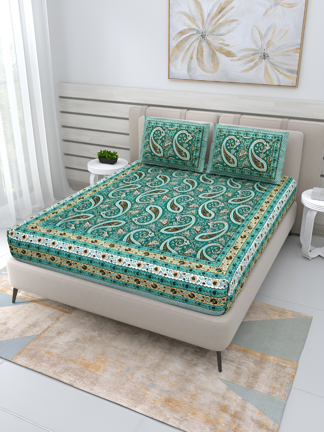 

Wayne Martin Green Floral Cotton 210 TC Queen Bedsheet with 2 Pillow Covers