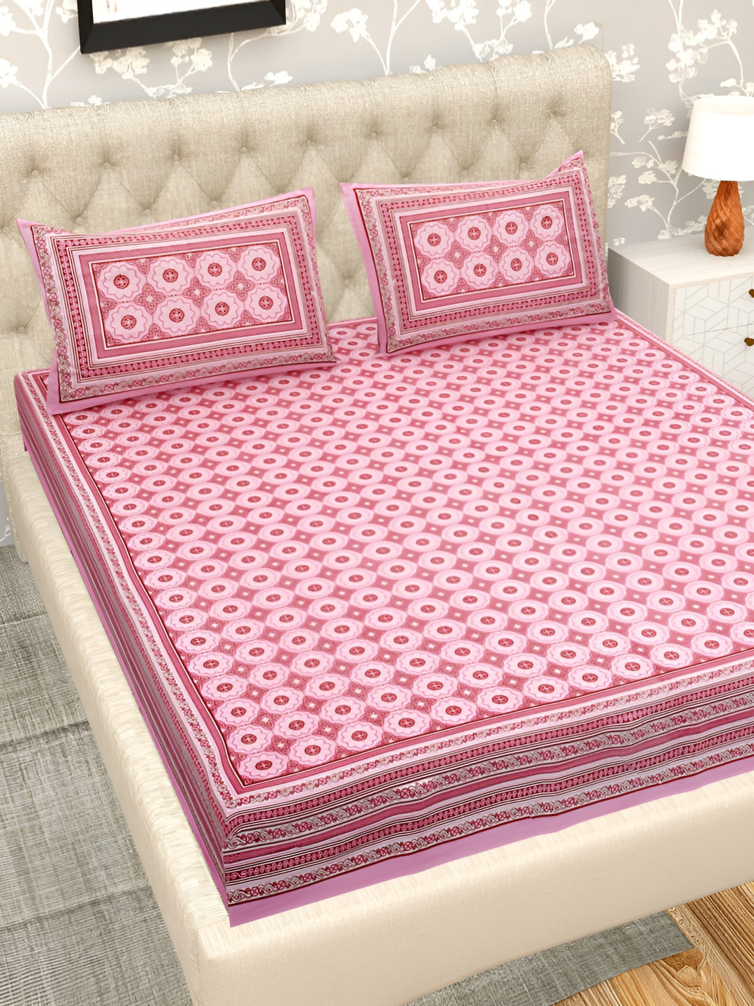 

Wayne Martin Pink & Red Floral Pure Cotton 330 TC King Bedsheet with 2 Pillow Covers