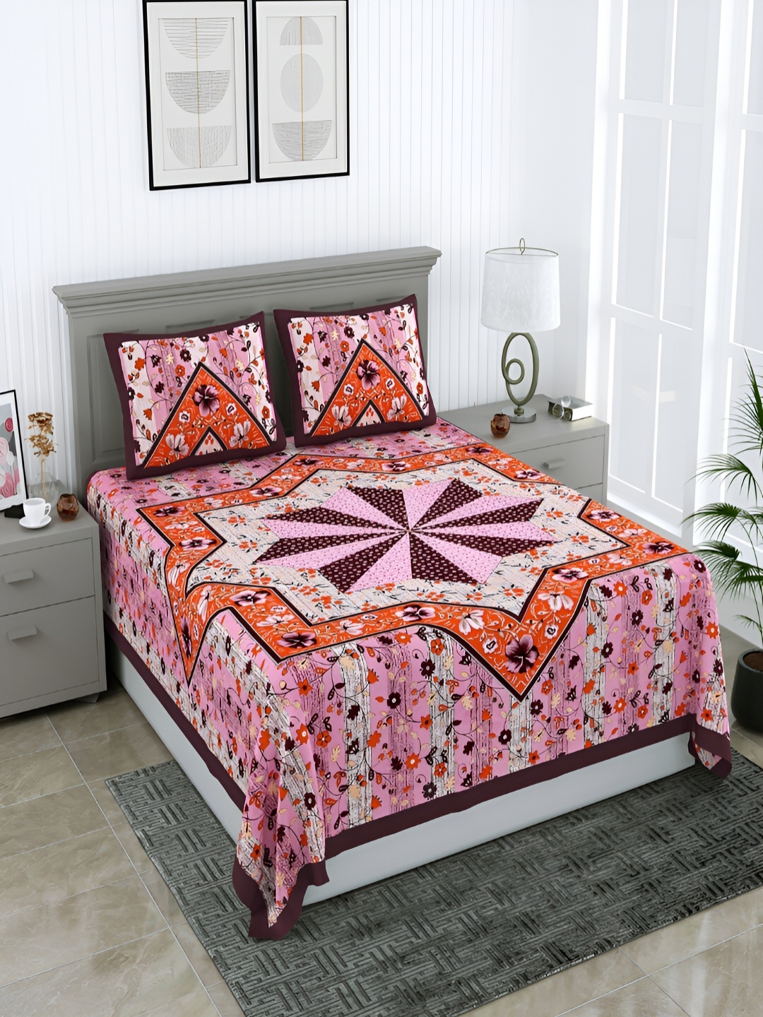 

Wayne Martin Peach & Pink Cotton Floral 210 TC Queen Bedsheet With 2 Pillow Covers