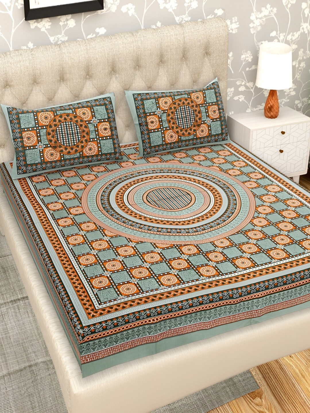 

Wayne Martin Peach & Green Floral Cotton 210 TC Queen Bedsheet with 2 Pillow Covers