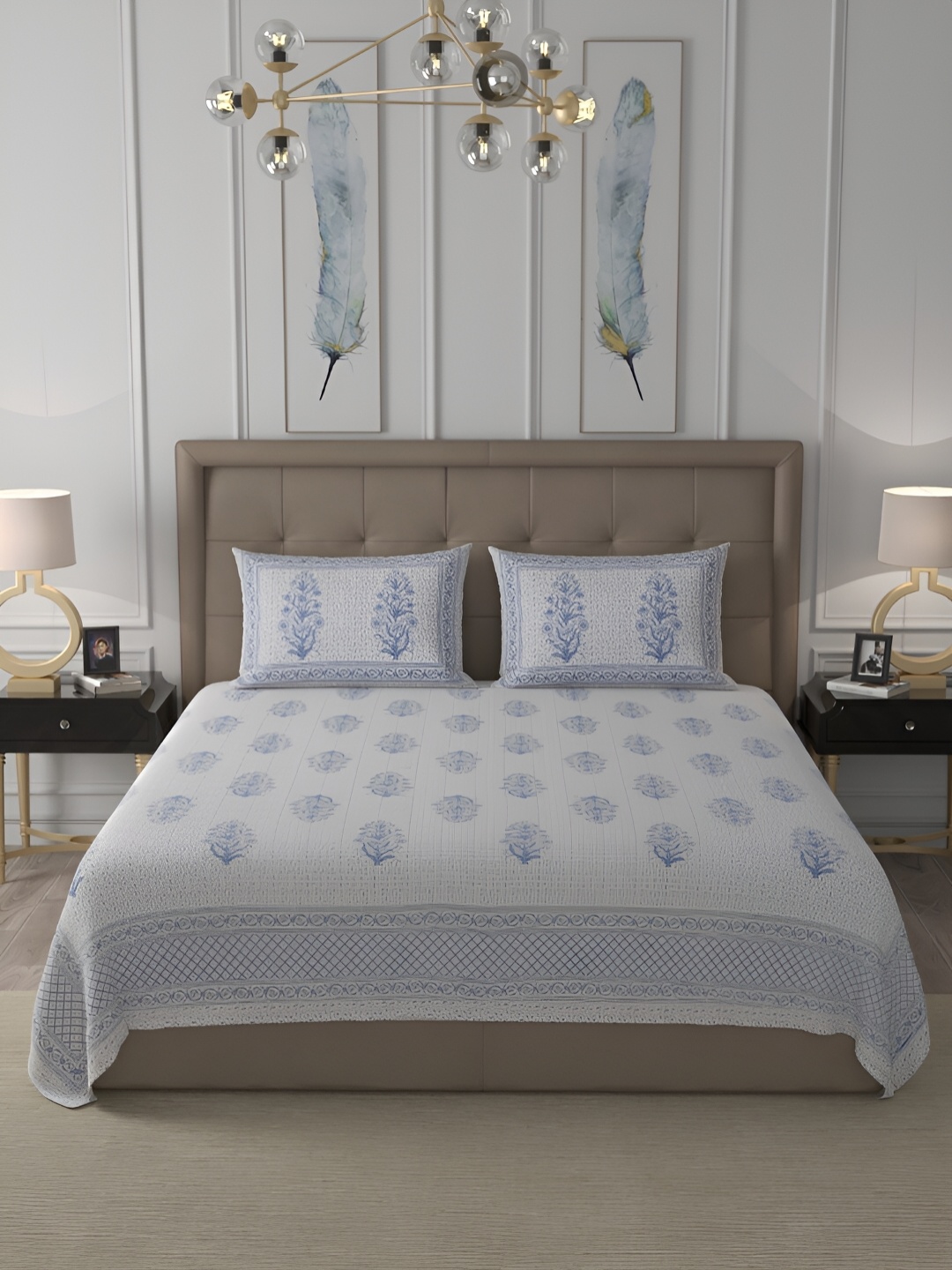 

Wayne Martin White & Blue Floral Cotton 400 TC King Bedsheet With 2 Pillow Covers