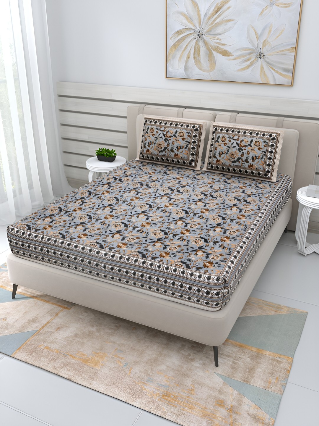 

Wayne Martin Grey and Yellow Floral 210 TC Queen Bedsheet with 2 Pillow Covers