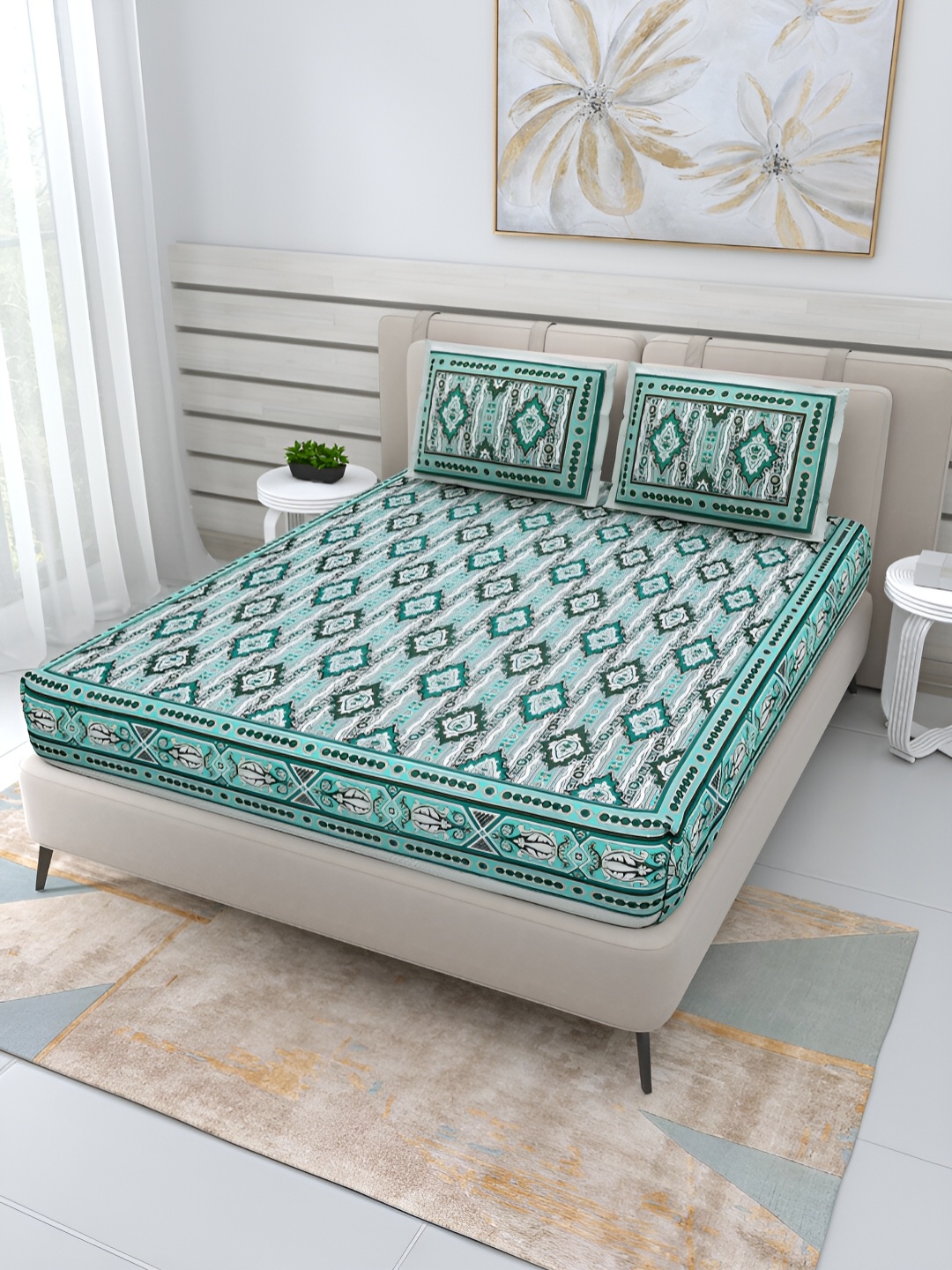 

Wayne Martin Teal and White Floral 210 TC Queen Bedsheet with 2 Pillow Covers