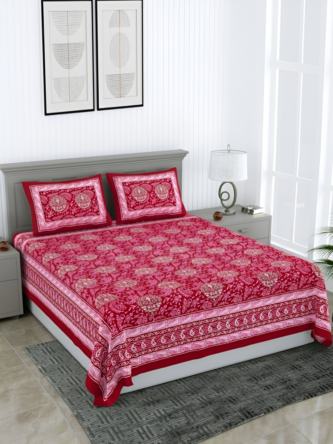 

Wayne Martin Red Ethnic Motifs Pure Cotton 210 TC Queen Bedsheet with 2 Pillow Covers