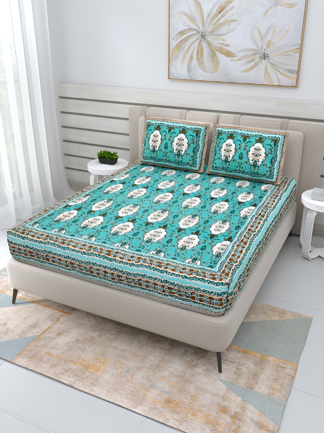 

Wayne Martin Teal Floral Cotton 210 TC Queen Bedsheet with 2 Pillow Covers