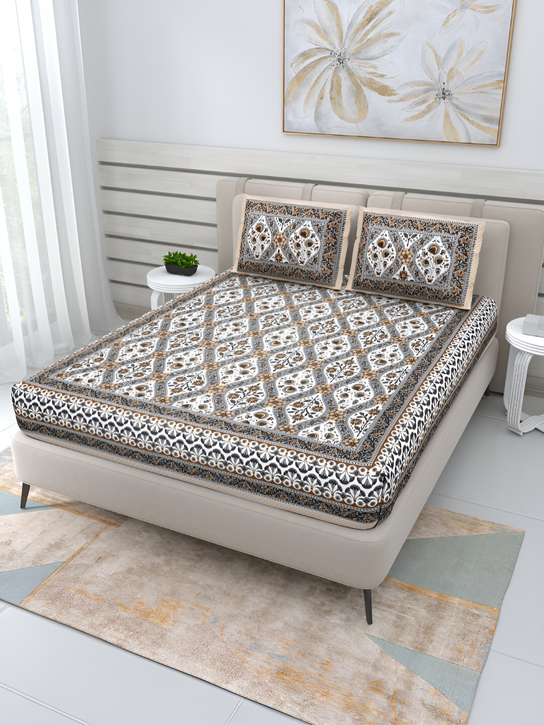 

Wayne Martin Grey and white Floral 210 TC Queen Bedsheet with 2 Pillow Covers