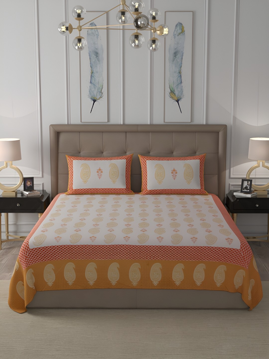 

Wayne Martin Orange Floral Cotton 400 TC King Bedsheet with 2 Pillow Covers