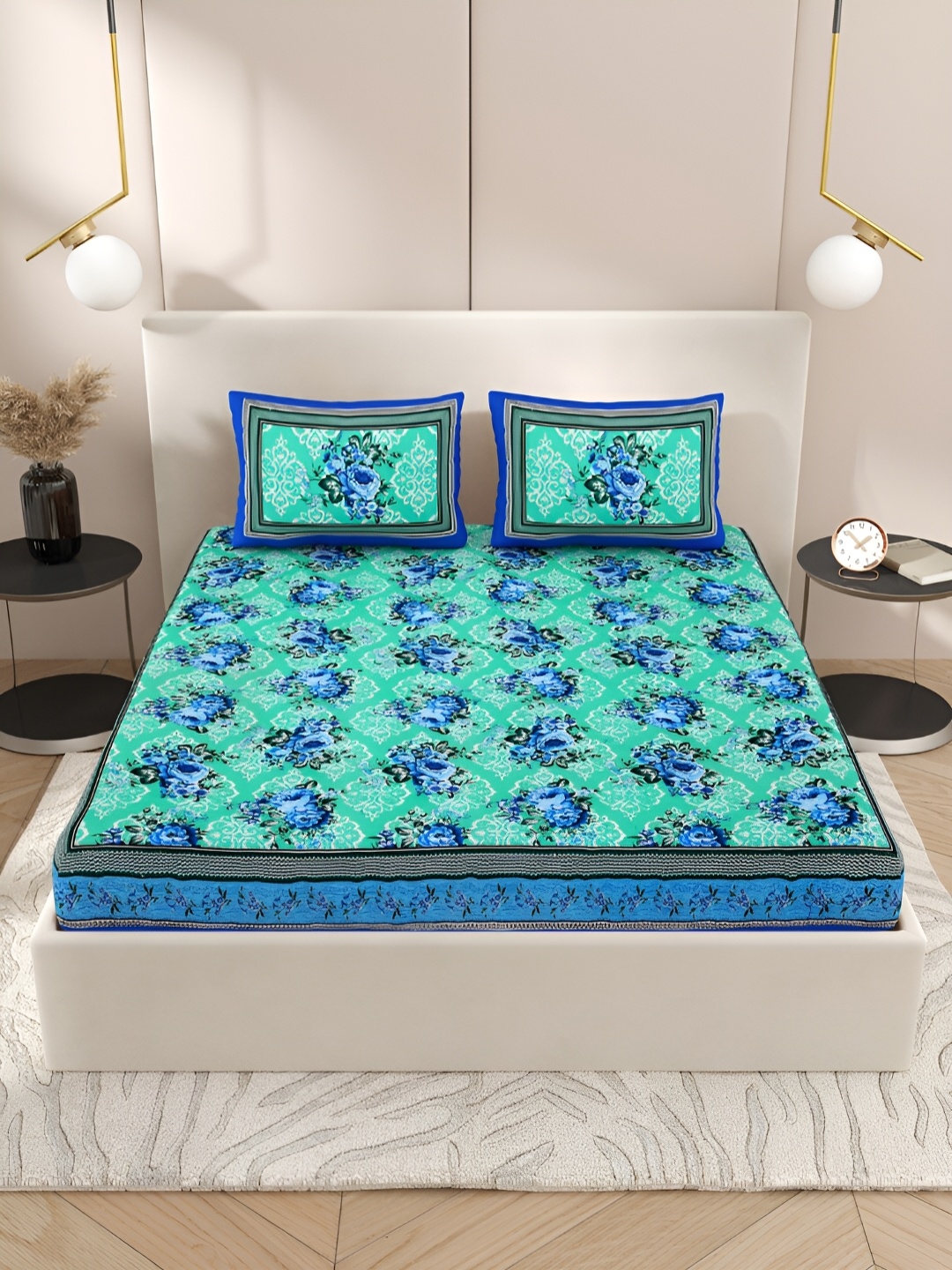 

Wayne Martin Teal Blue & Green Floral Cotton 210 TC Queen Bedsheet with 2 Pillow Covers