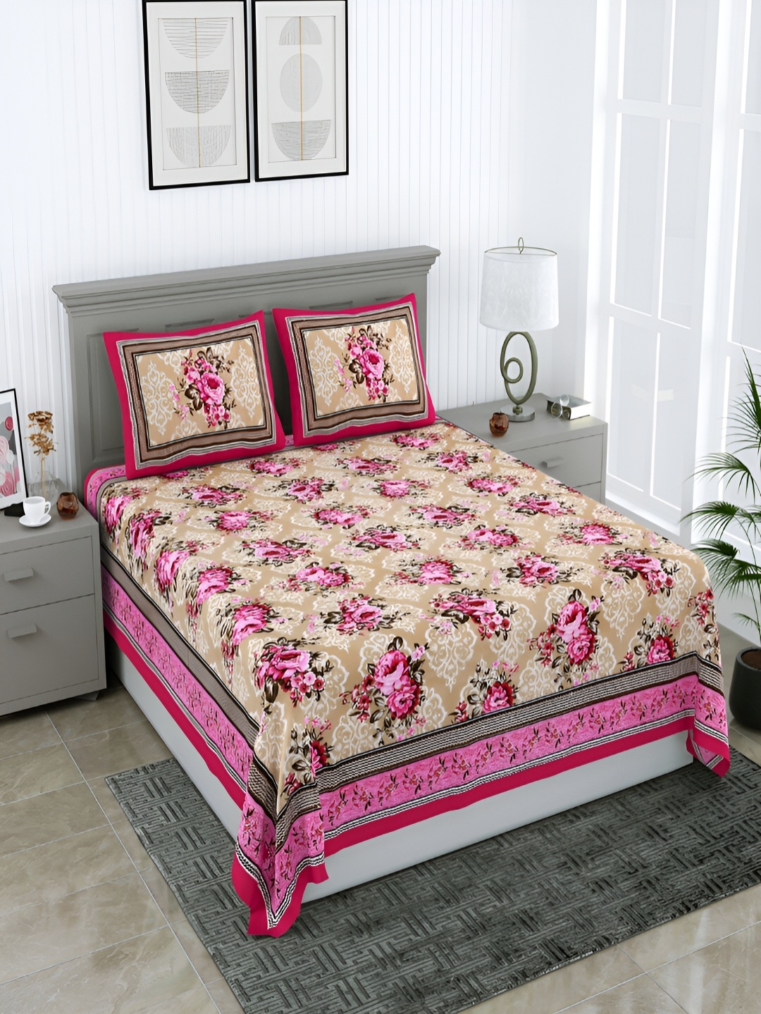 

Wayne Martin Pink and Cream Floral 210 TC Queen Bedsheet with 2 Pillow Covers
