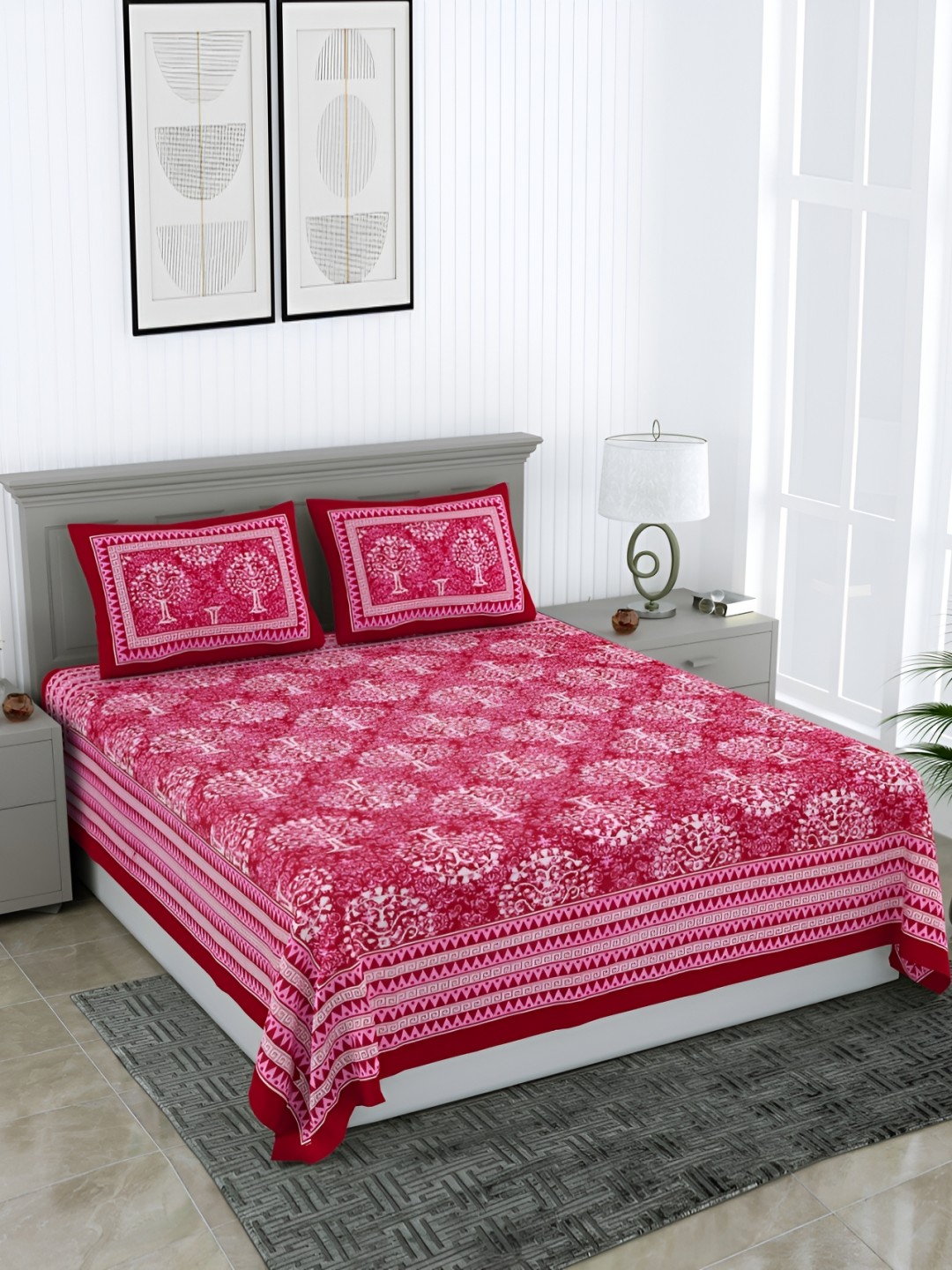

Wayne Martin Red Floral Cotton 210 TC Queen Bedsheet with 2 Pillow Covers
