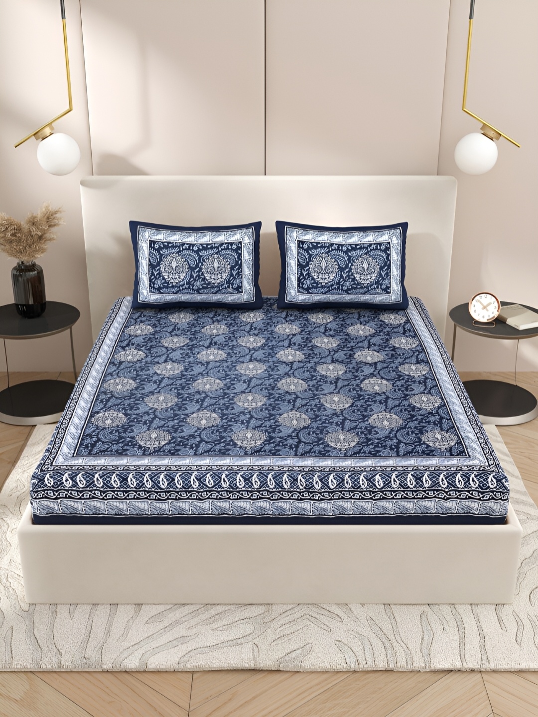 

Wayne Martin Navy Blue & White Floral Cotton 210 TC Queen Bedsheet with 2 Pillow Covers