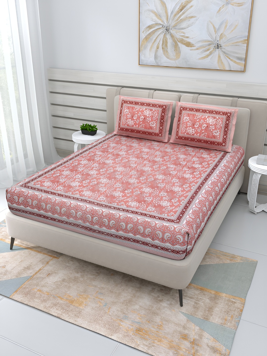 

Wayne Martin Peach & Red Floral Cotton 210 TC Queen Bedsheet with 2 Pillow Covers