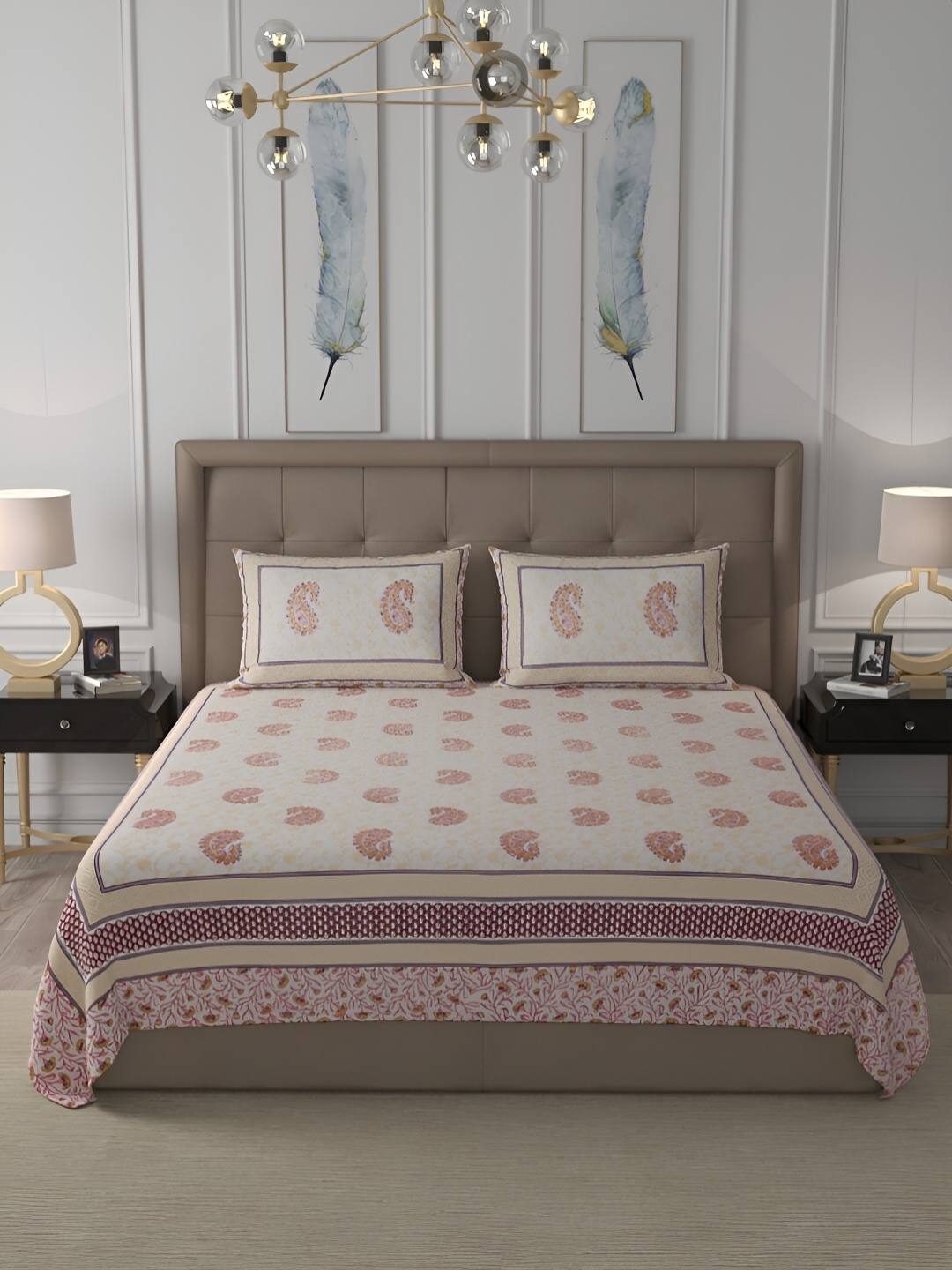 

Wayne Martin Red & Beige Floral Cotton 400 TC King Bedsheet with 2 Pillow Covers