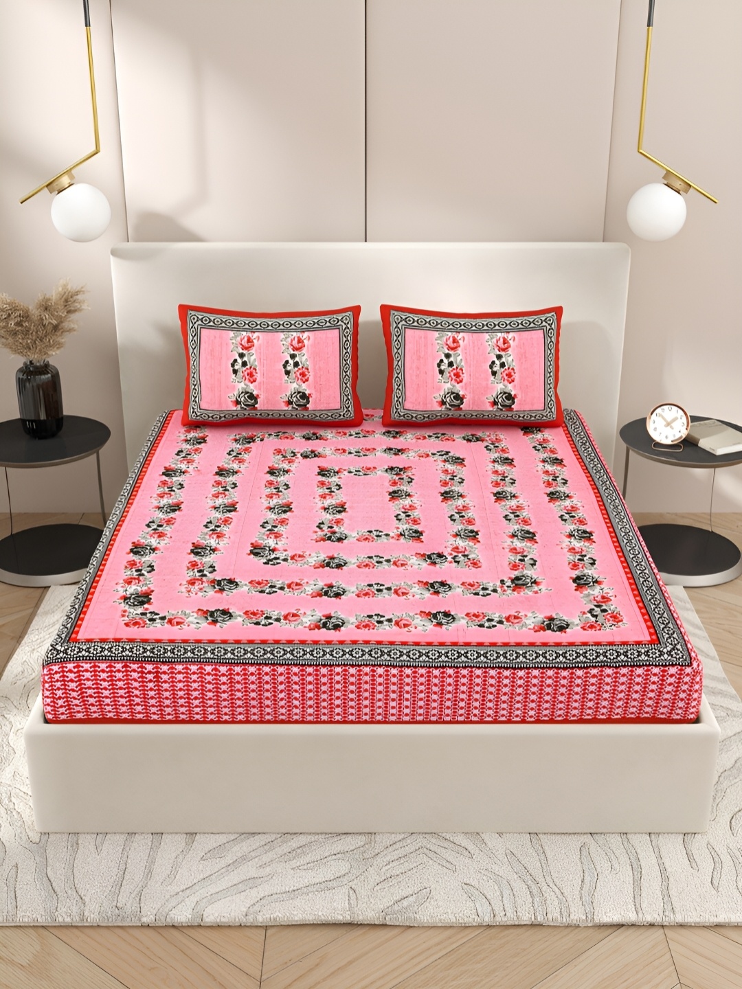 

Wayne Martin Pink & Red Floral Cotton 210 TC Queen Bedsheet with 2 Pillow Covers