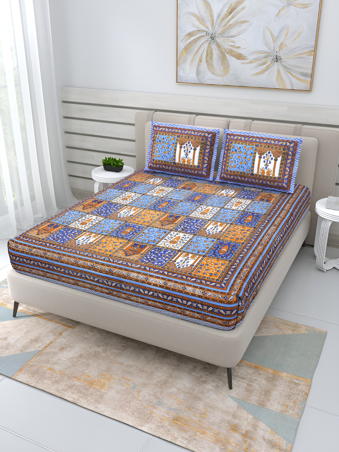 

Wayne Martin Blue Floral Cotton 210 TC Queen Bedsheet with 2 Pillow Covers