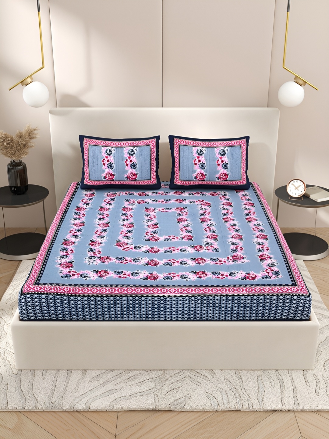 

Wayne Martin Blue & Red Floral Cotton 210 TC Queen Bedsheet with 2 Pillow Covers