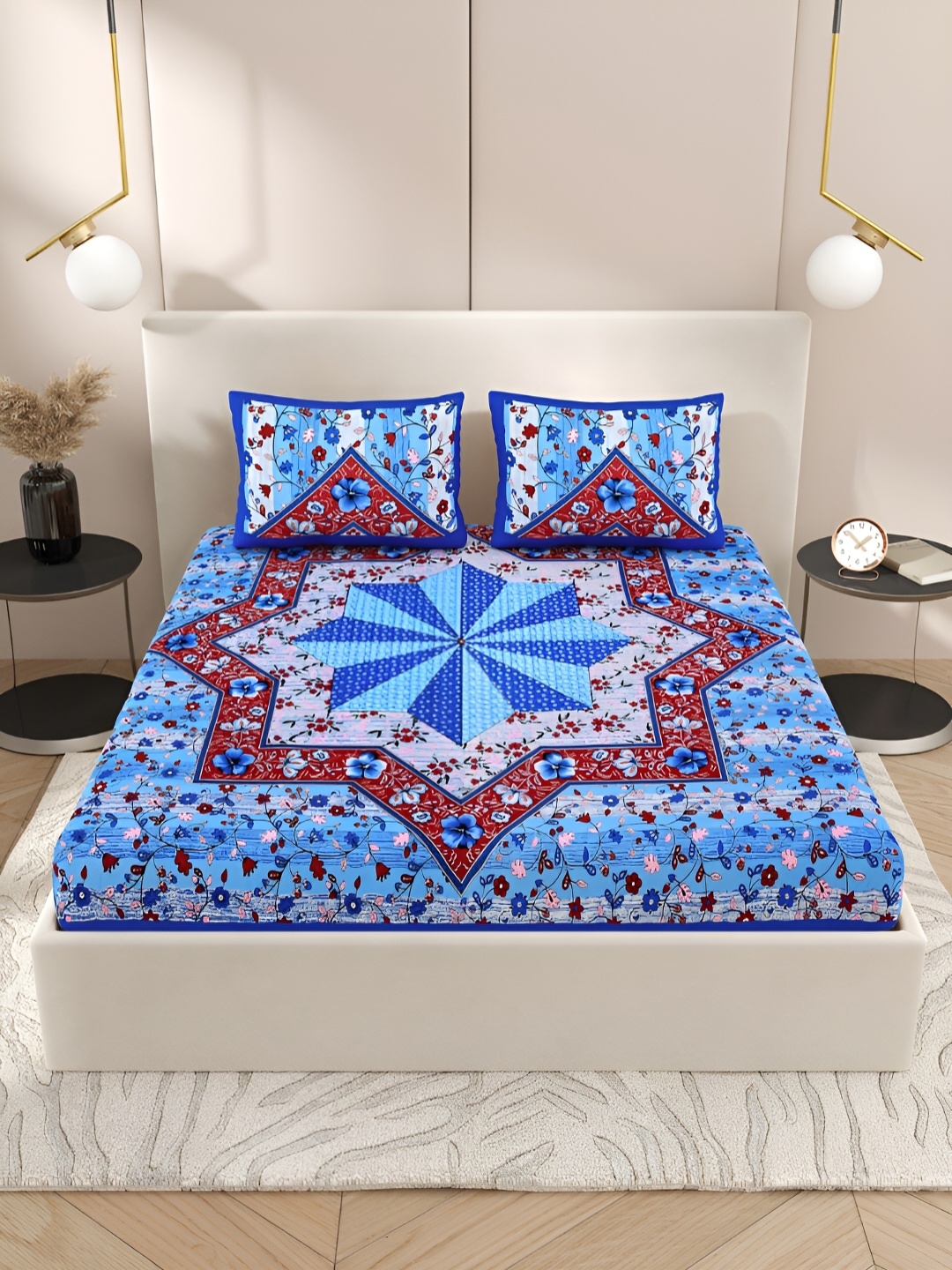 

Wayne Martin Blue & Maroon Floral Pure Cotton 210 TC Queen Bedsheet with 2 Pillow Covers