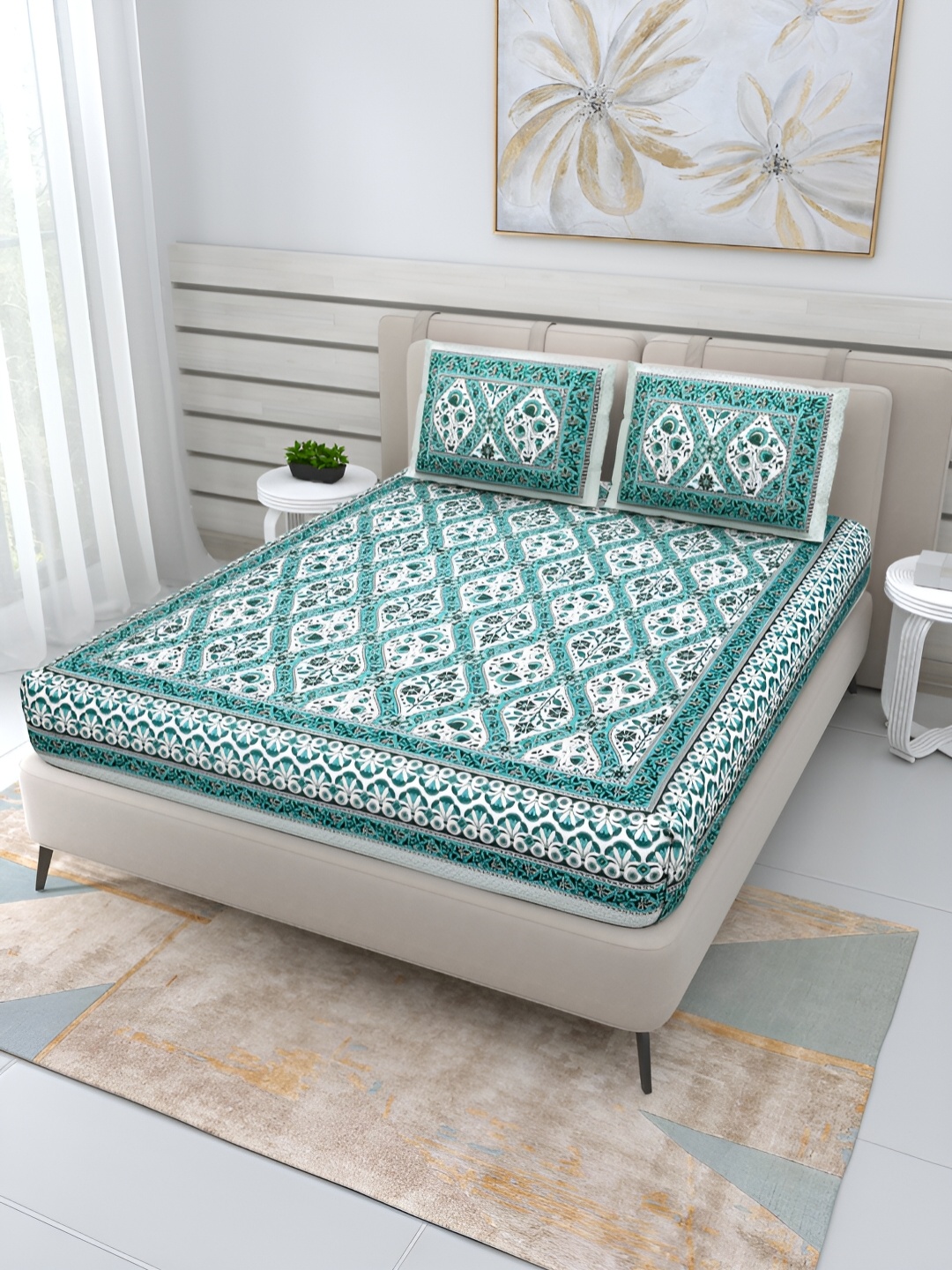 

Wayne Martin Teal & White Floral 210 TC Cotton Queen Bedsheet With 2 Pillow Covers