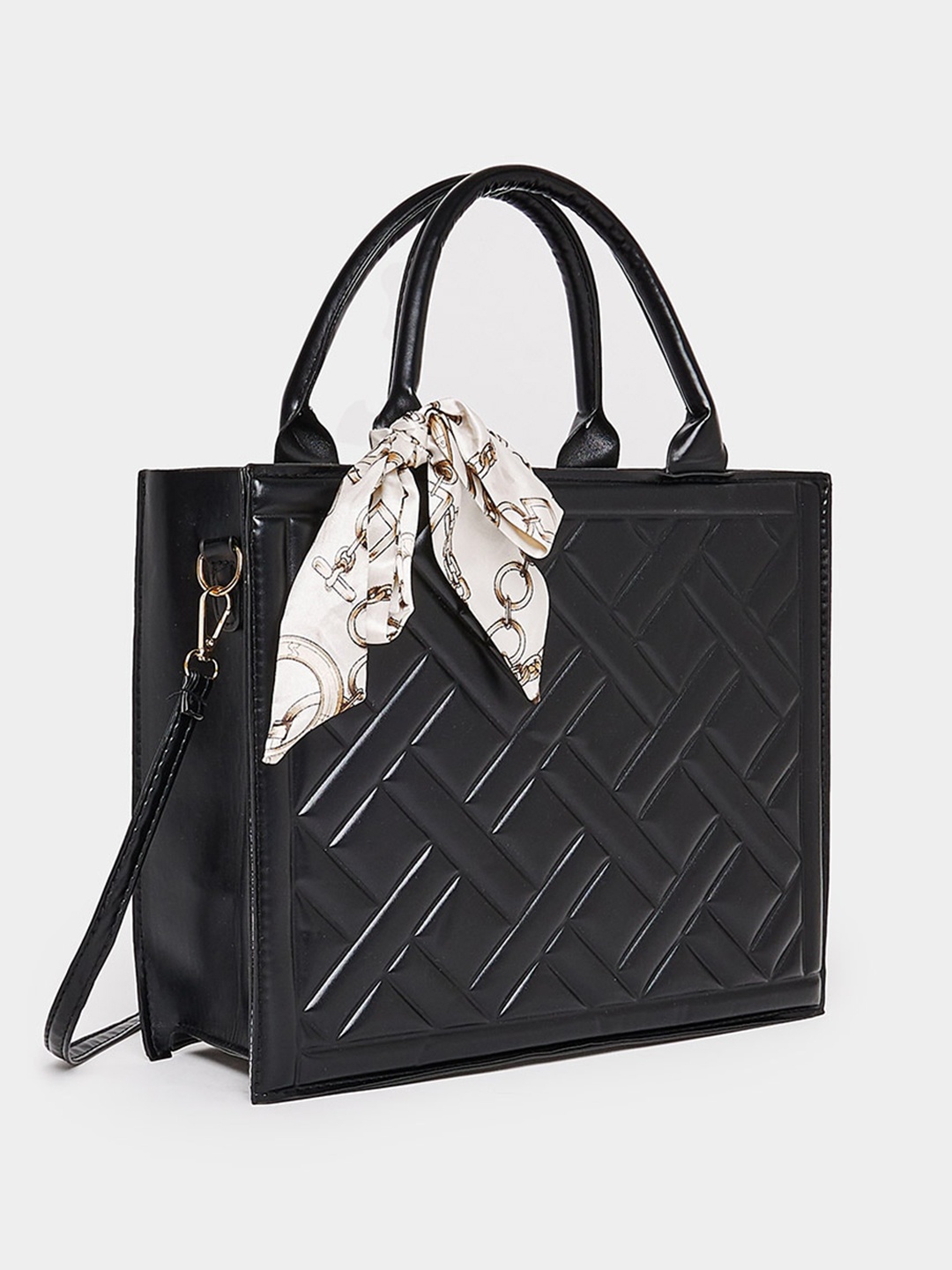 

Styli Textured Structured Tote Bag With Scarf, Black