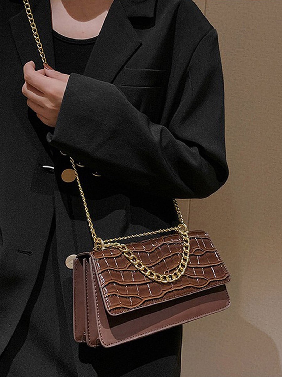 

Styli Textured Structured Satchel Bag, Brown