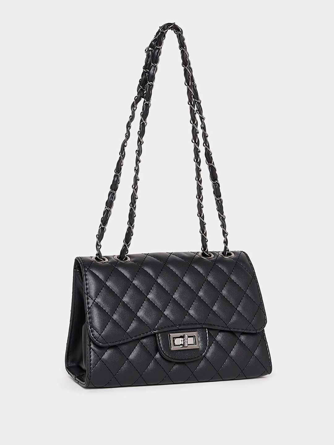 

Styli Textured Structured Satchel Bag With Quilted, Black