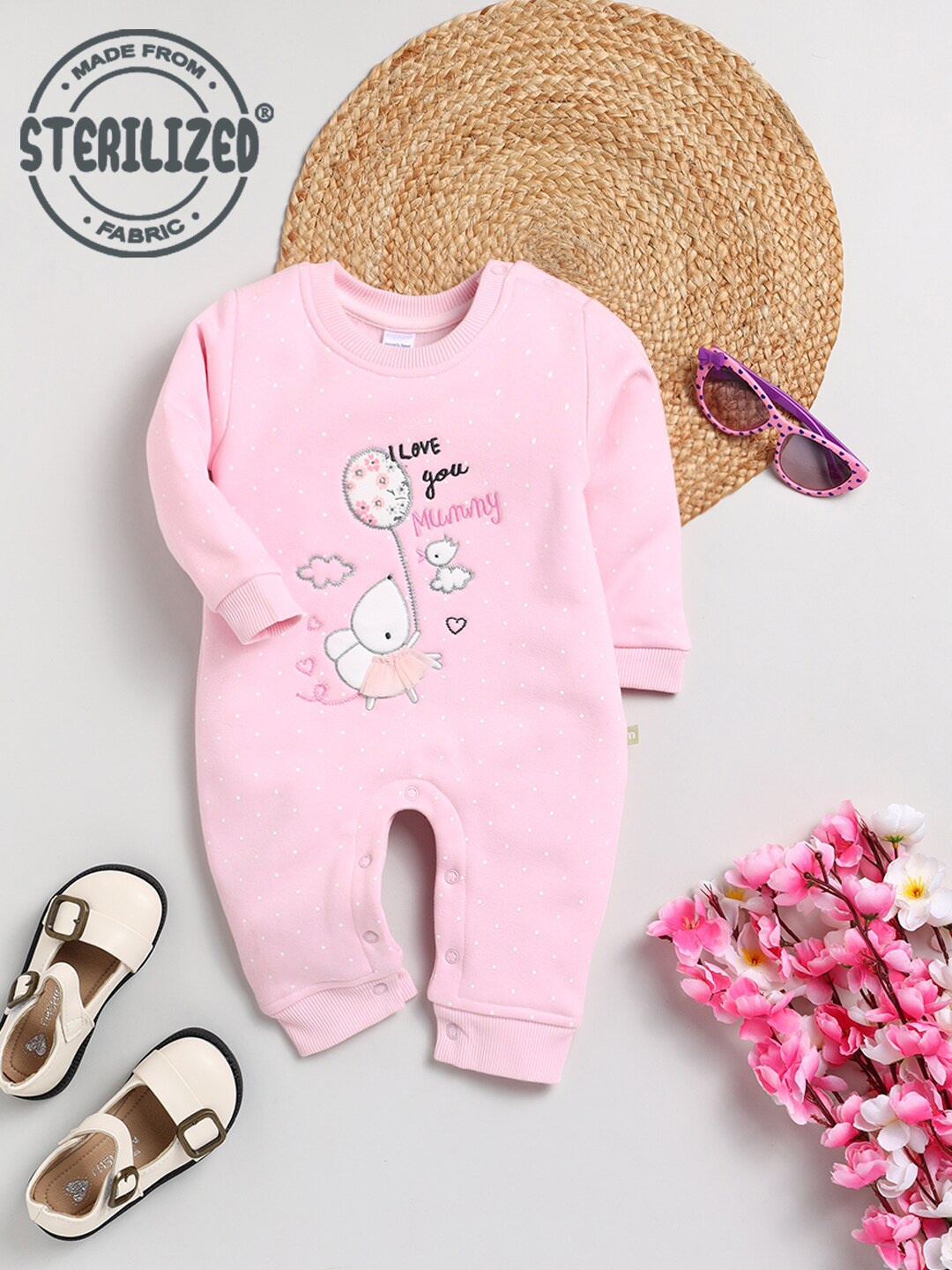 

Moms Love Infants Girls Graphic Embroidered Romper, Pink