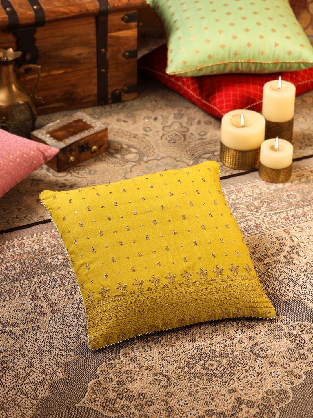 

House of Pataudi Yellow Embroidered Square Cushion Cover