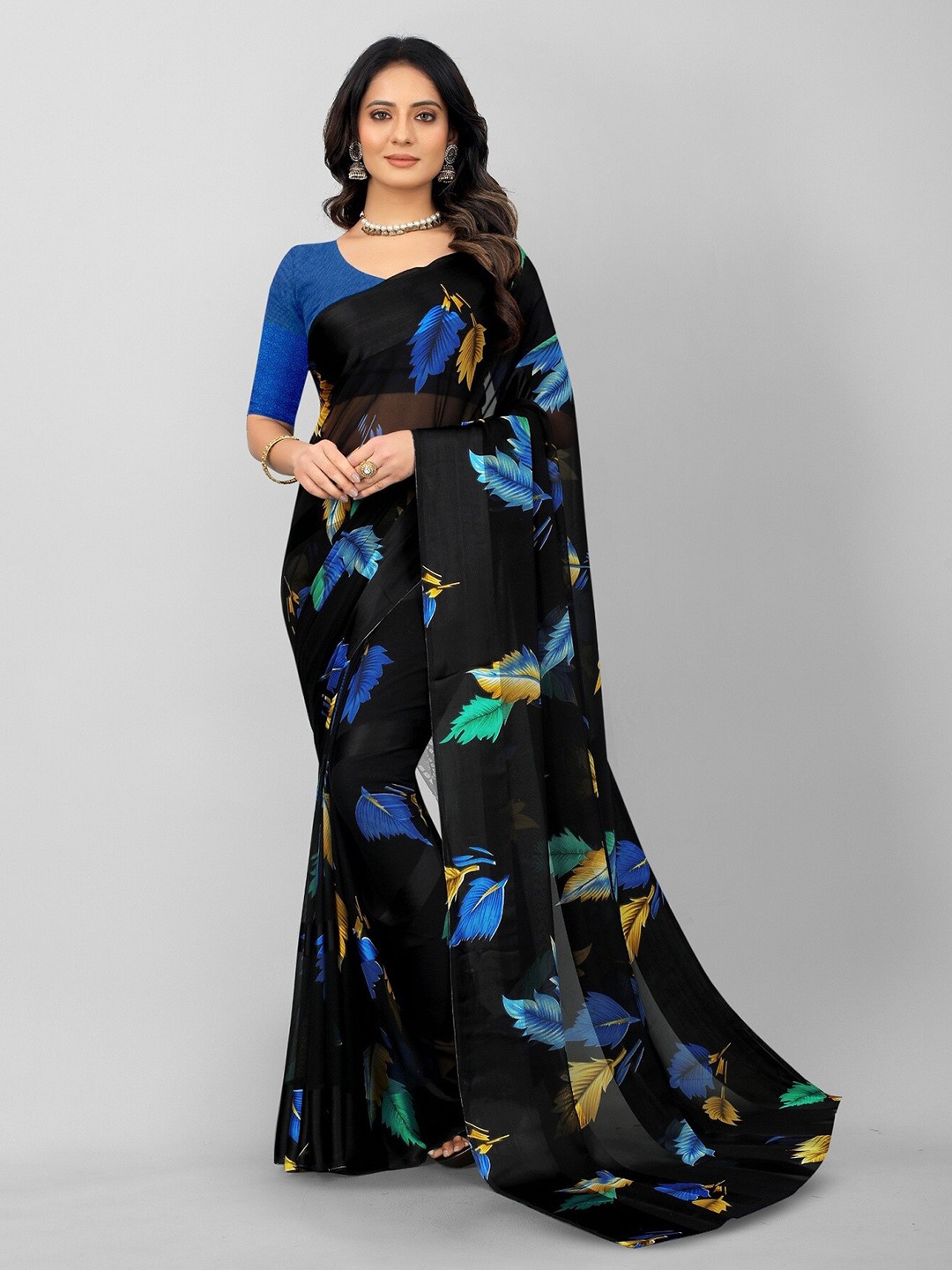 

APNISHA Floral Printed Pure Georgette Saree, Blue