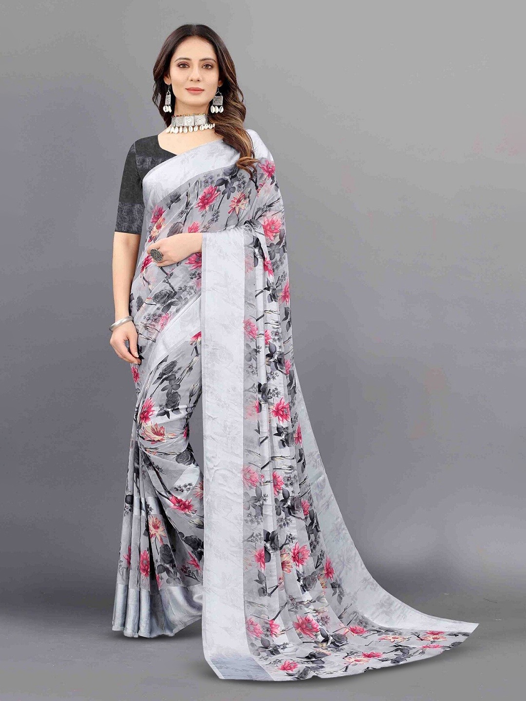 

APNISHA Floral Printed Saree, Grey