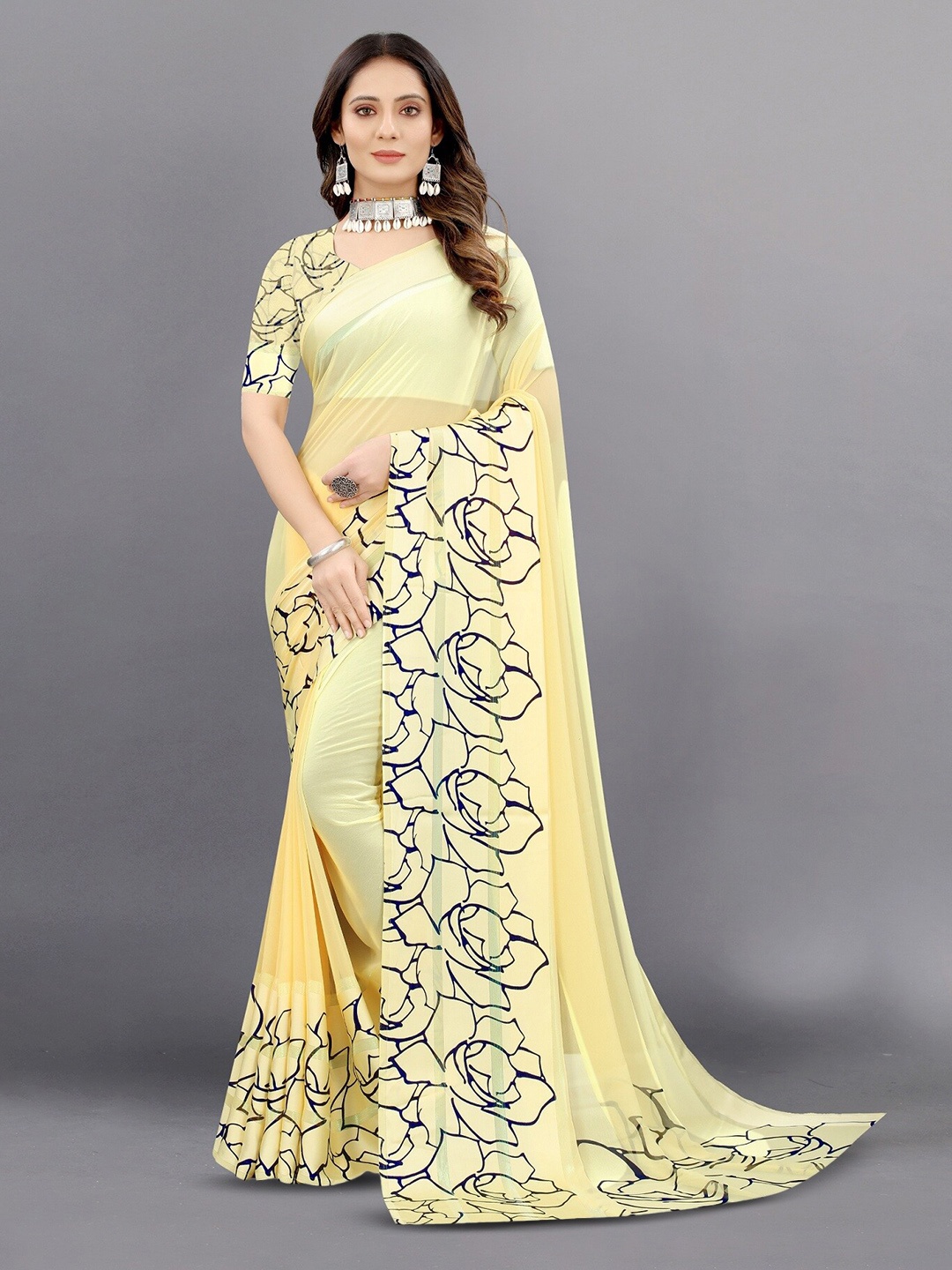 

APNISHA Printed Pure Georgette Saree, Yellow