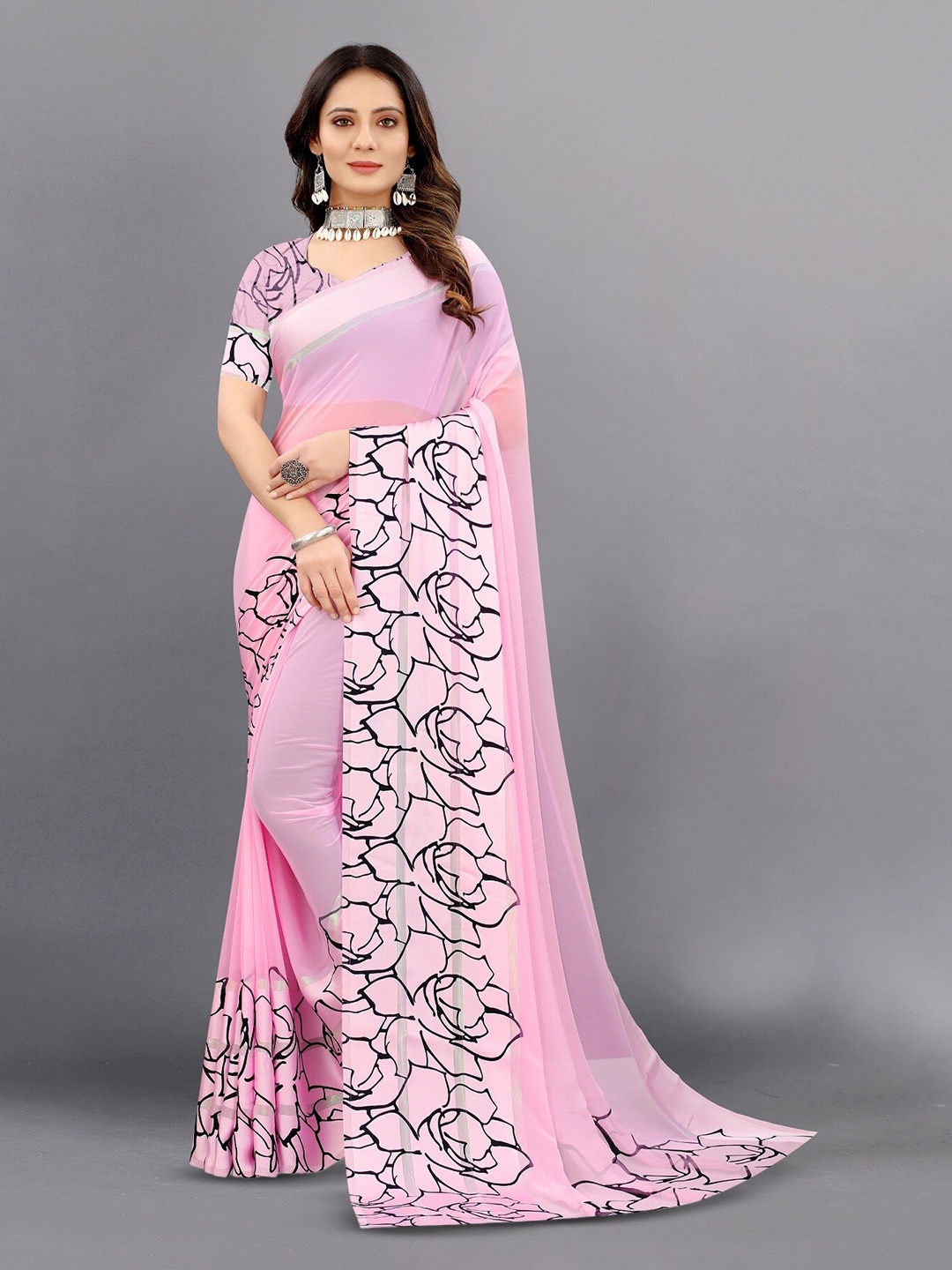 

APNISHA Floral Printed Pure Georgette Saree, Pink