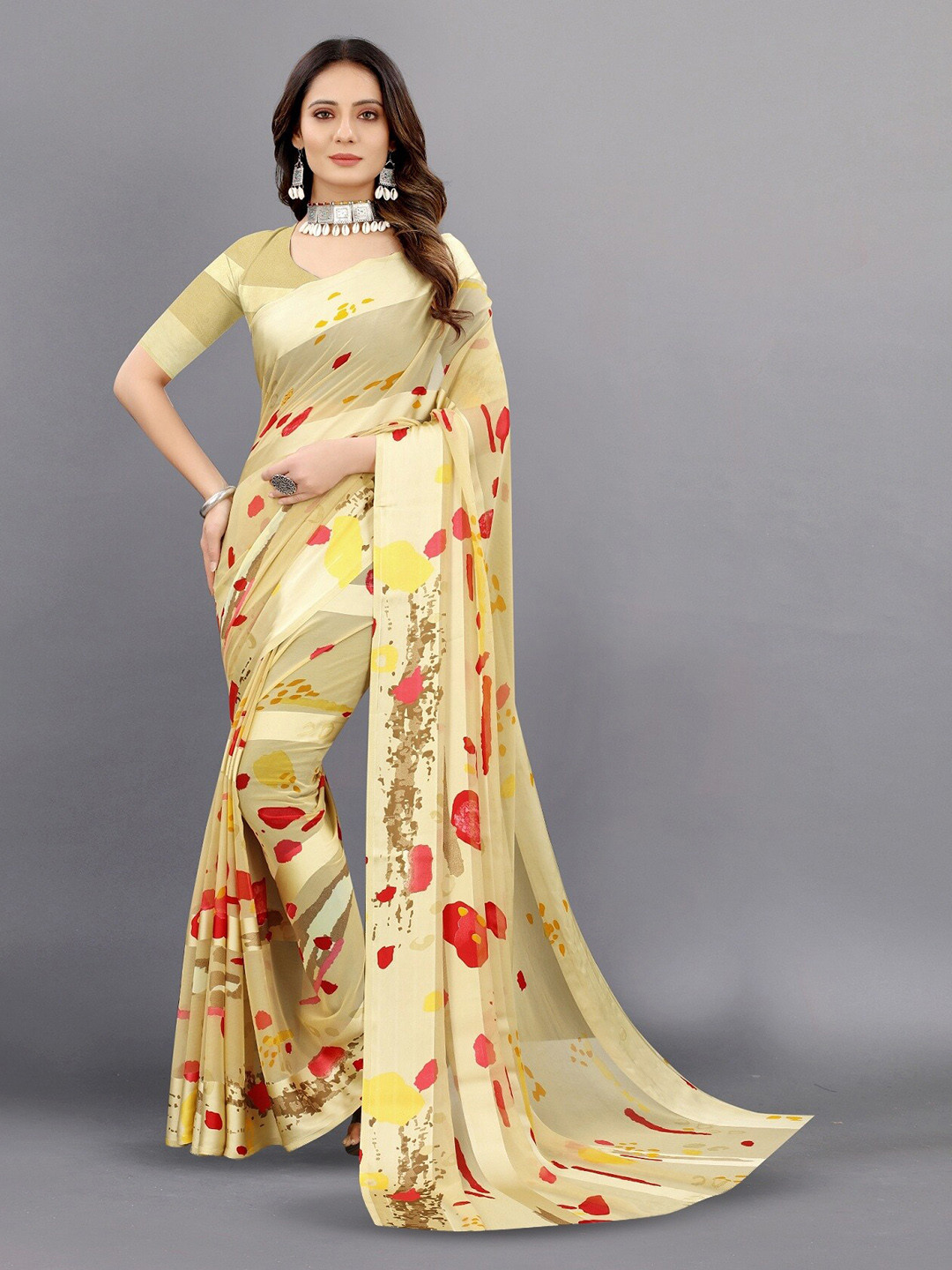 

APNISHA Abstract Printed Pure Georgette Saree, Beige