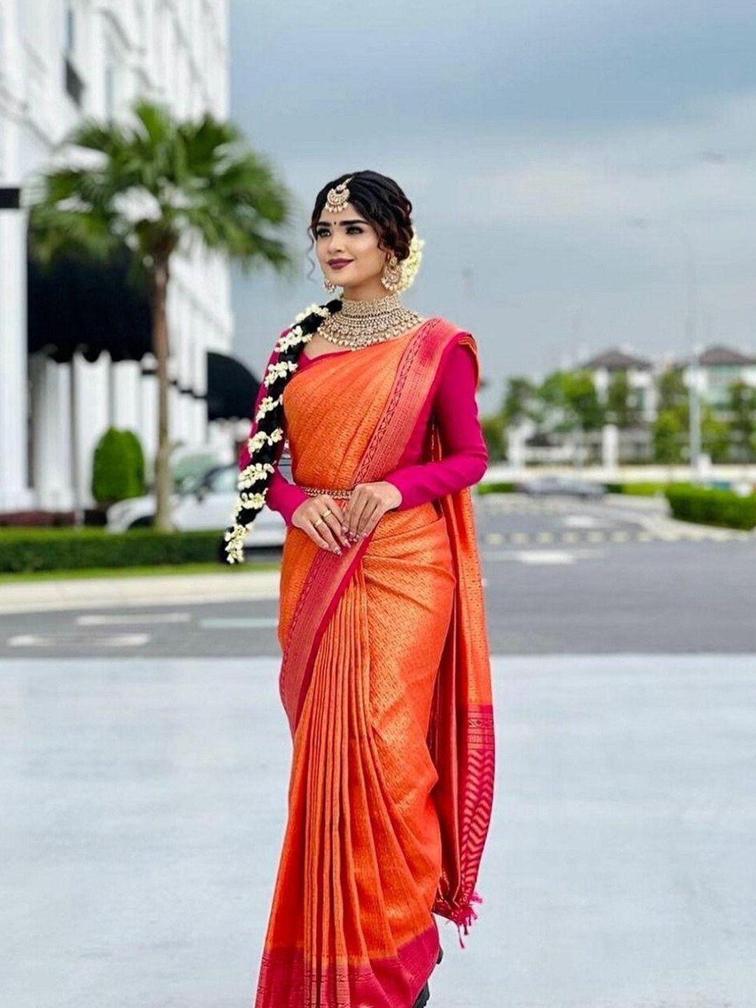 

APNISHA Ethnic Motifs Woven Design Banarasi Saree, Orange