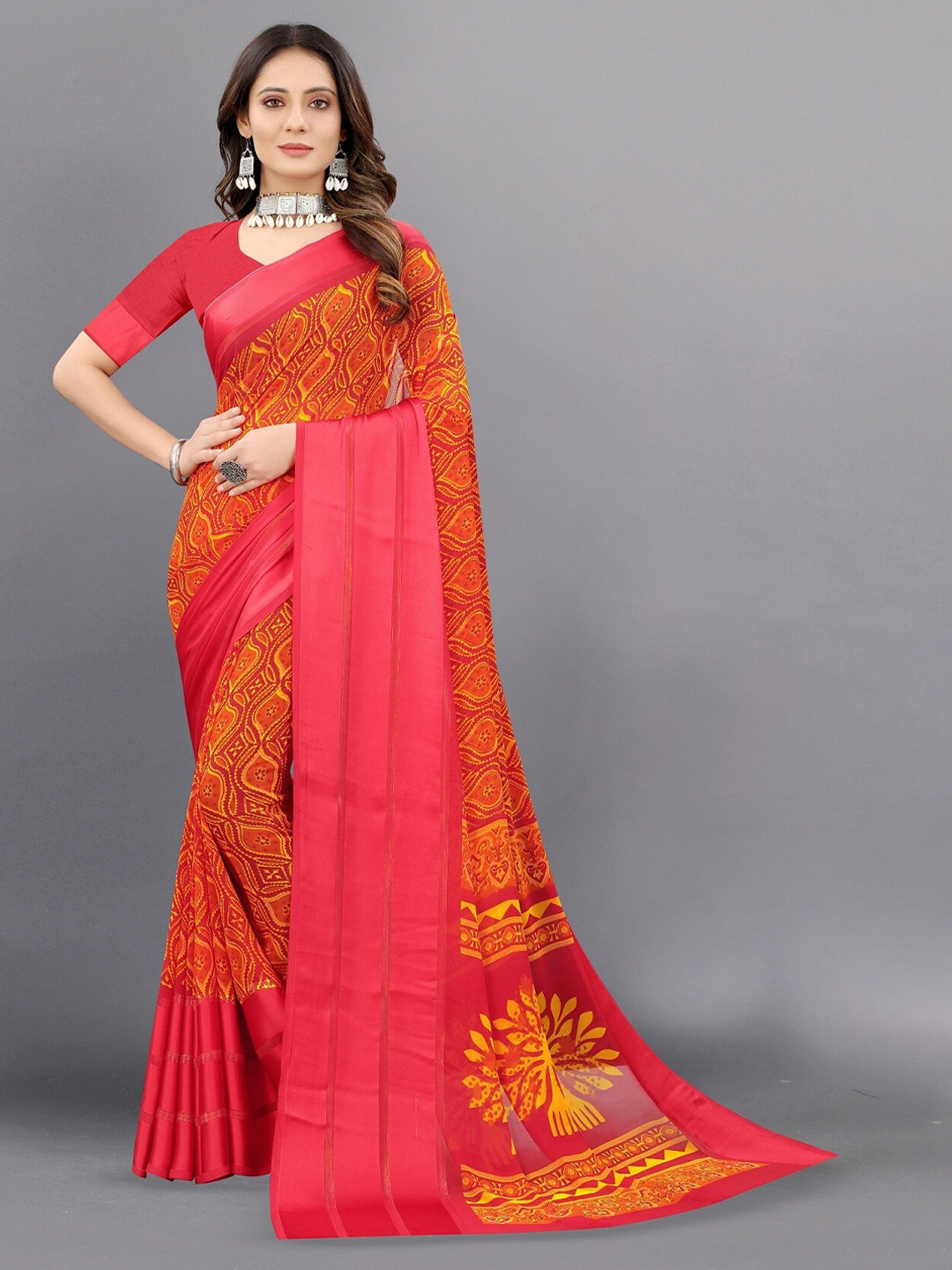 

APNISHA Ethnic Motifs Printed Pure Georgette Saree, Red