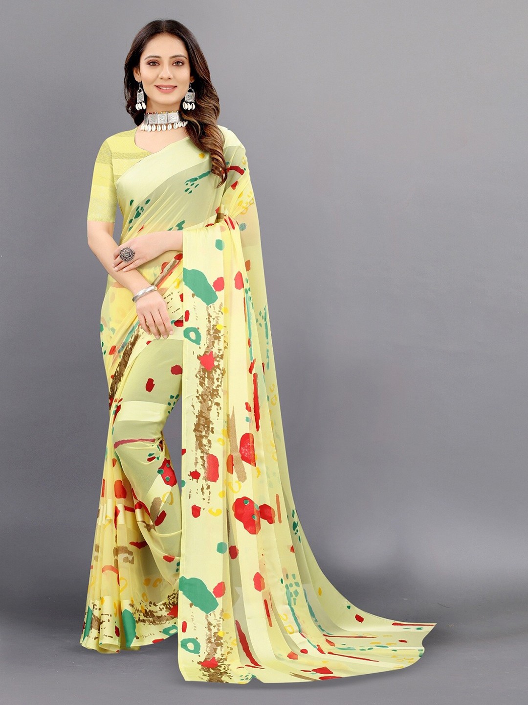 

APNISHA Abstract Printed Pure Georgette Saree, Yellow