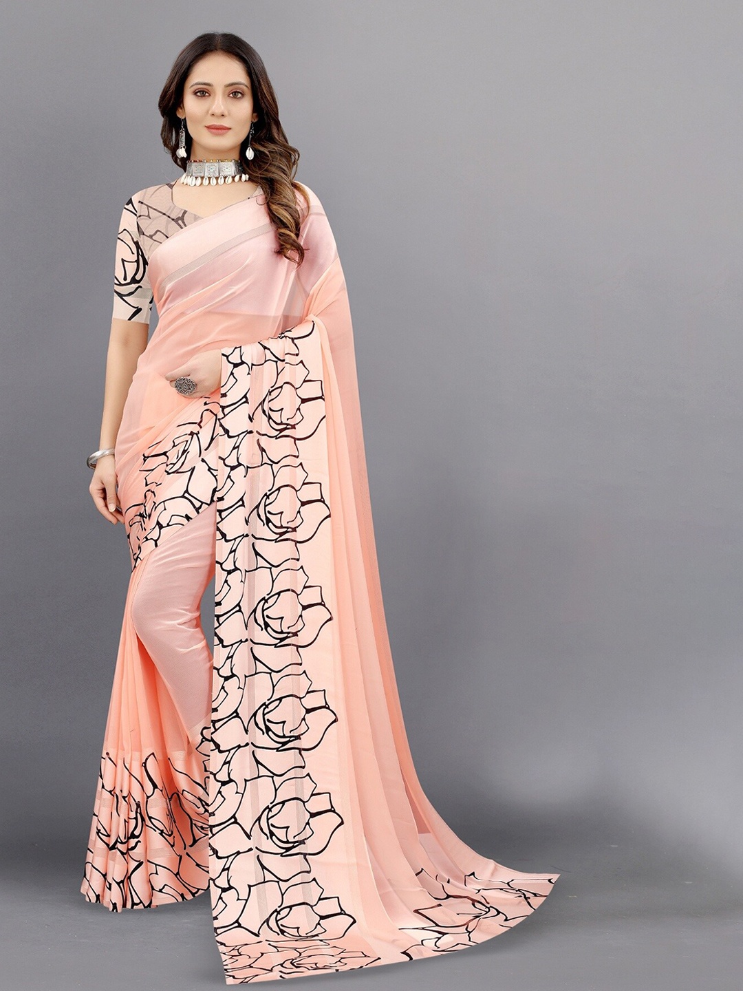 

APNISHA Pure Georgette Saree With Printed Border, Pink