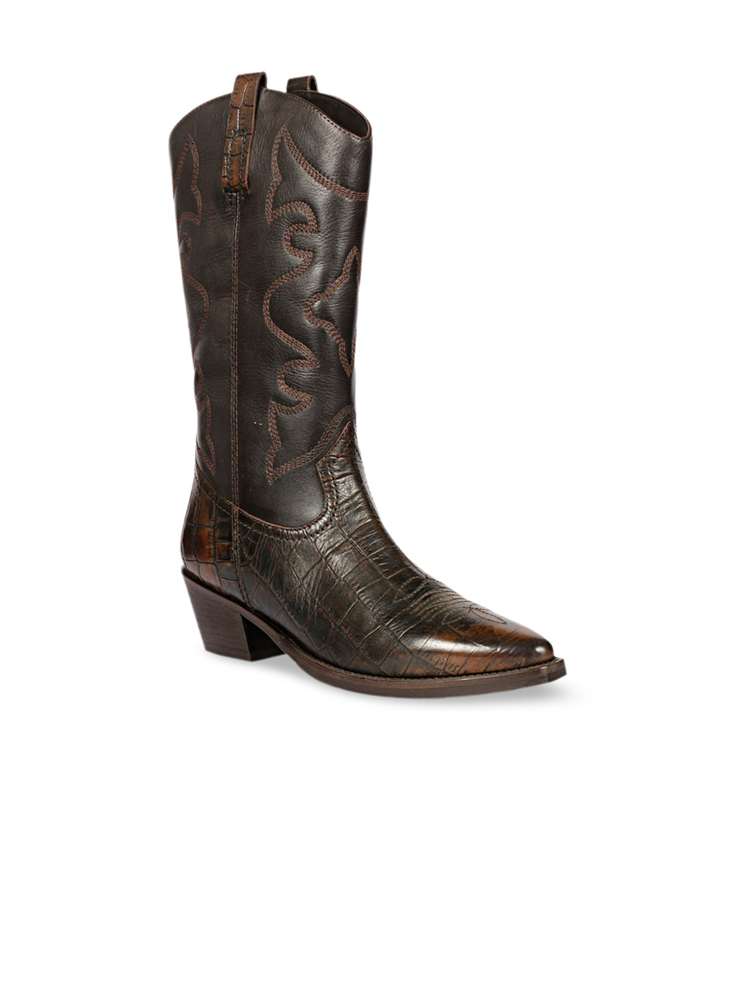 

Saint G Women Textured Block Heeled Genuine Leather High-Top Cowboy Boots, Brown
