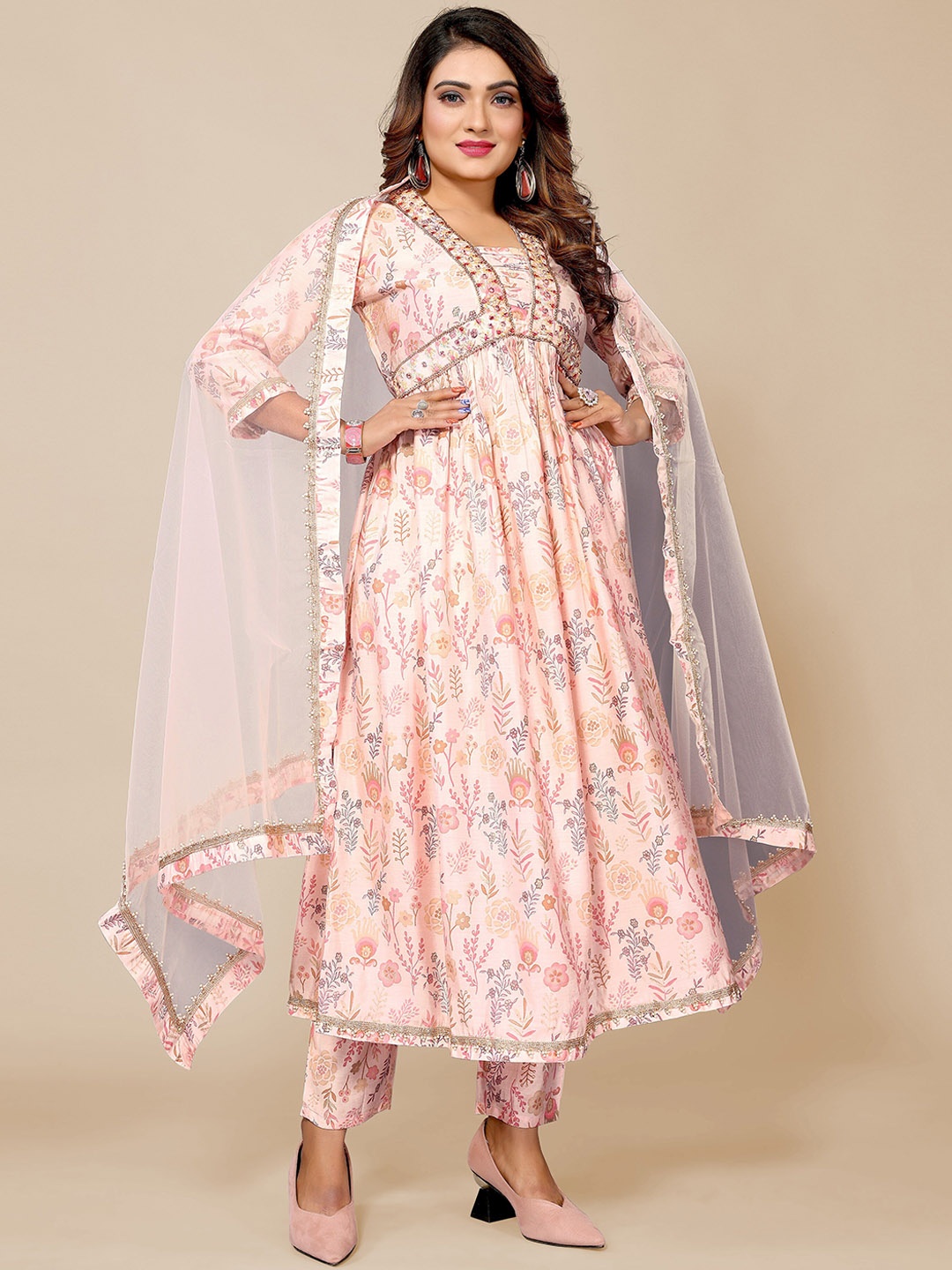 

PYARI - A style for every story Floral Printed Anarkali Kurta with Trousers & Dupatta, Peach