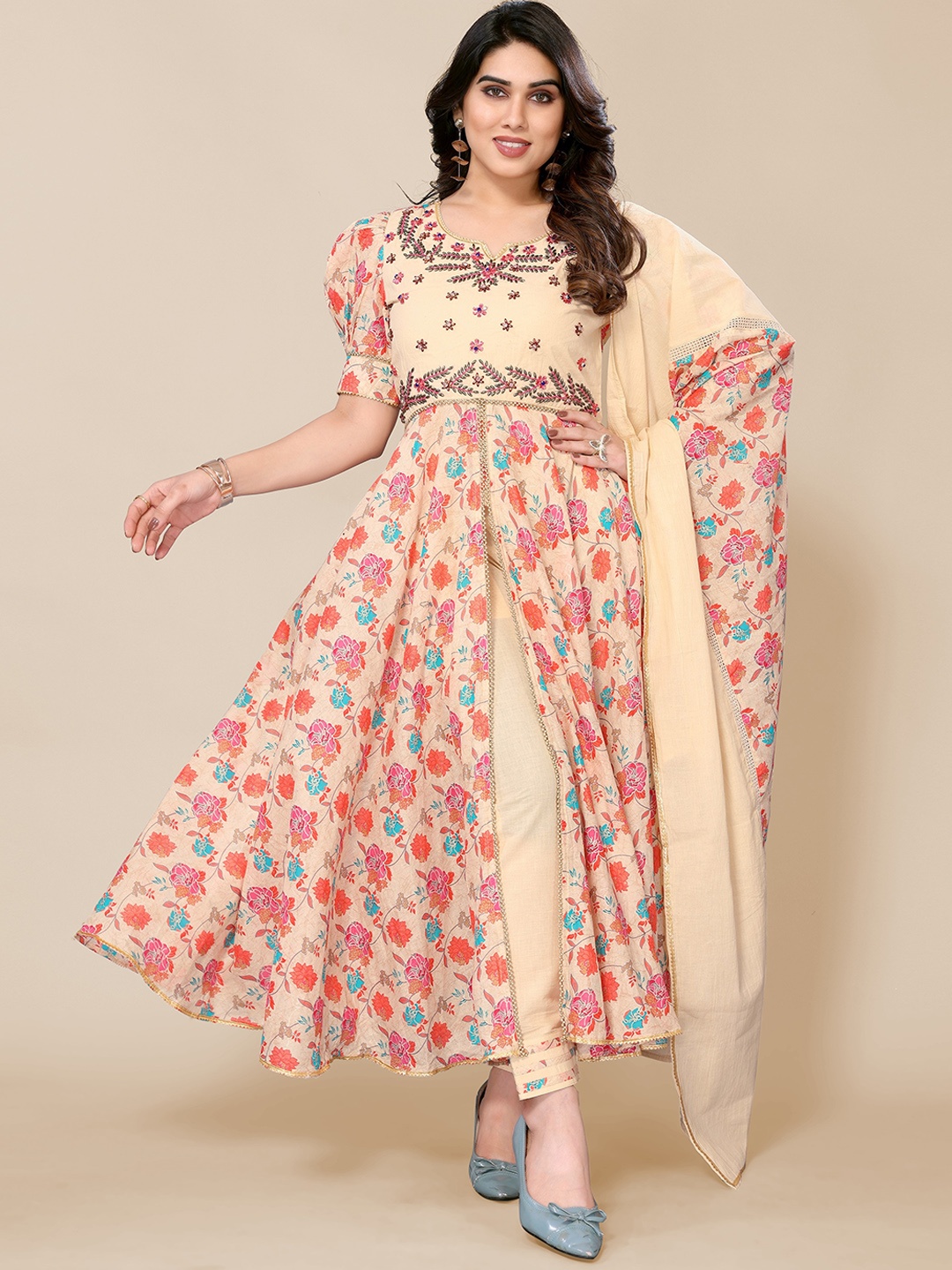 

PYARI - A style for every story Floral Printed Sequinned A Line Kurta With Pyjamas, Beige